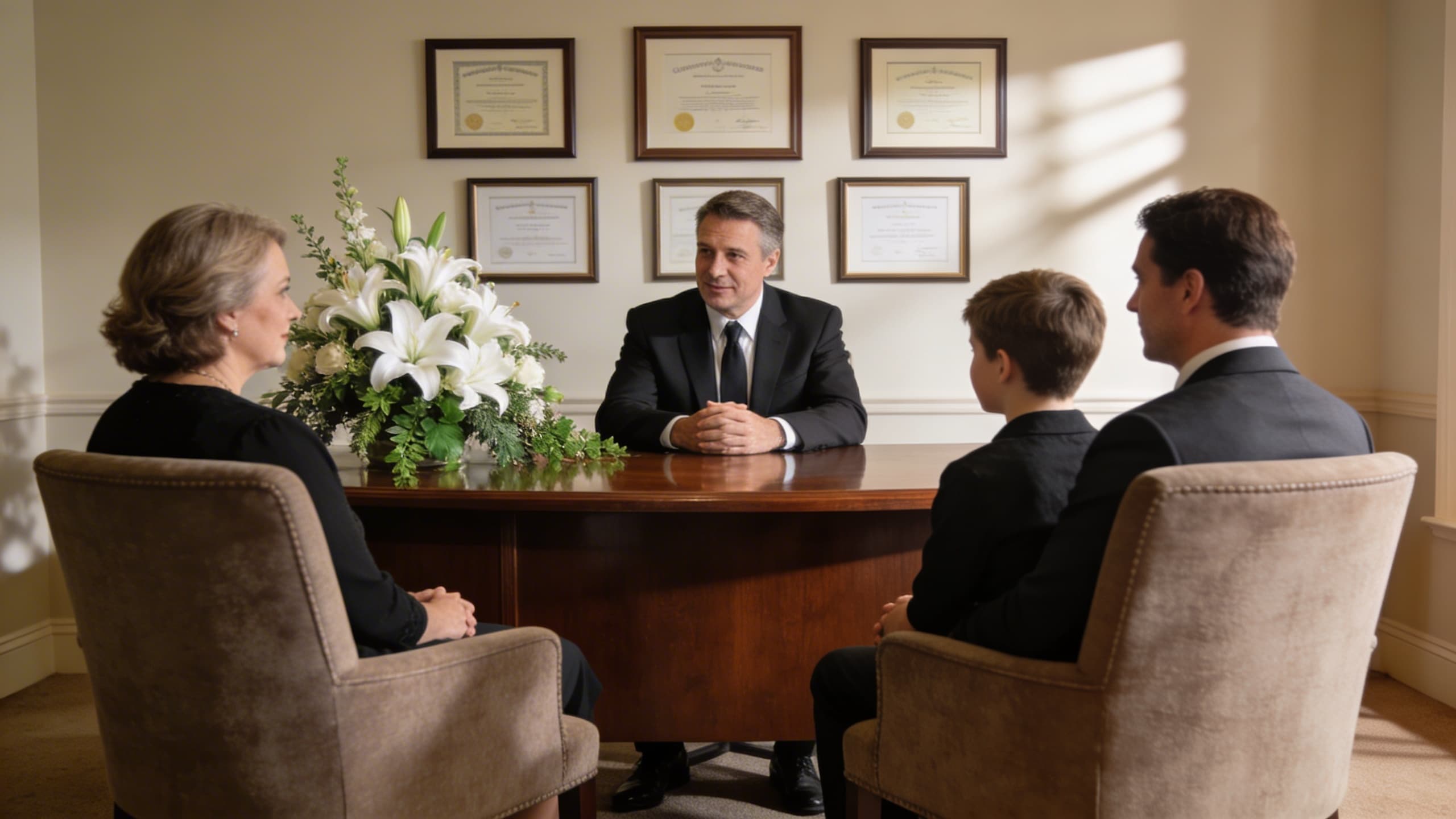 A funeral home consultation room with warm natural lighting and a compassionate funeral director speaking with a family
