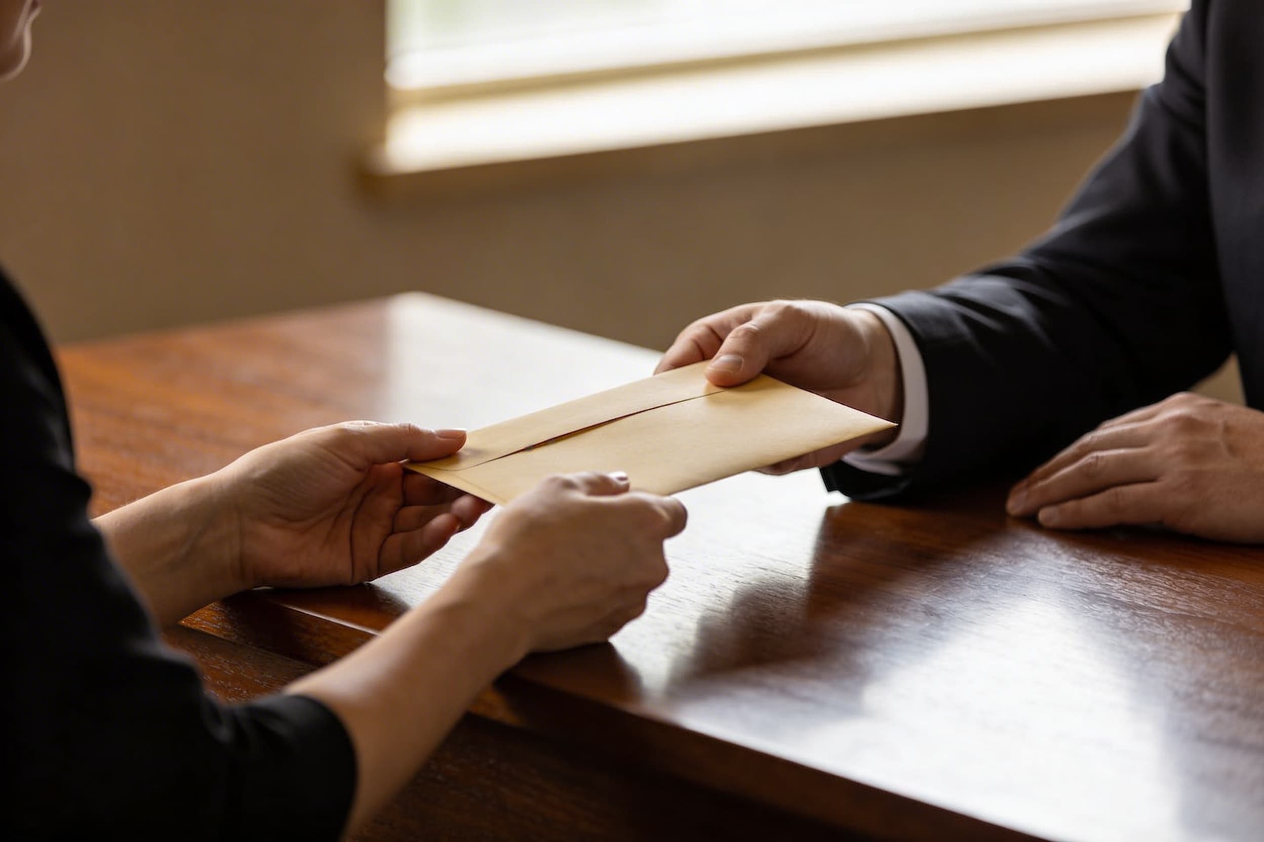 A funeral director handing cremation authorization paperwork in a manila envelope to a family member across a desk