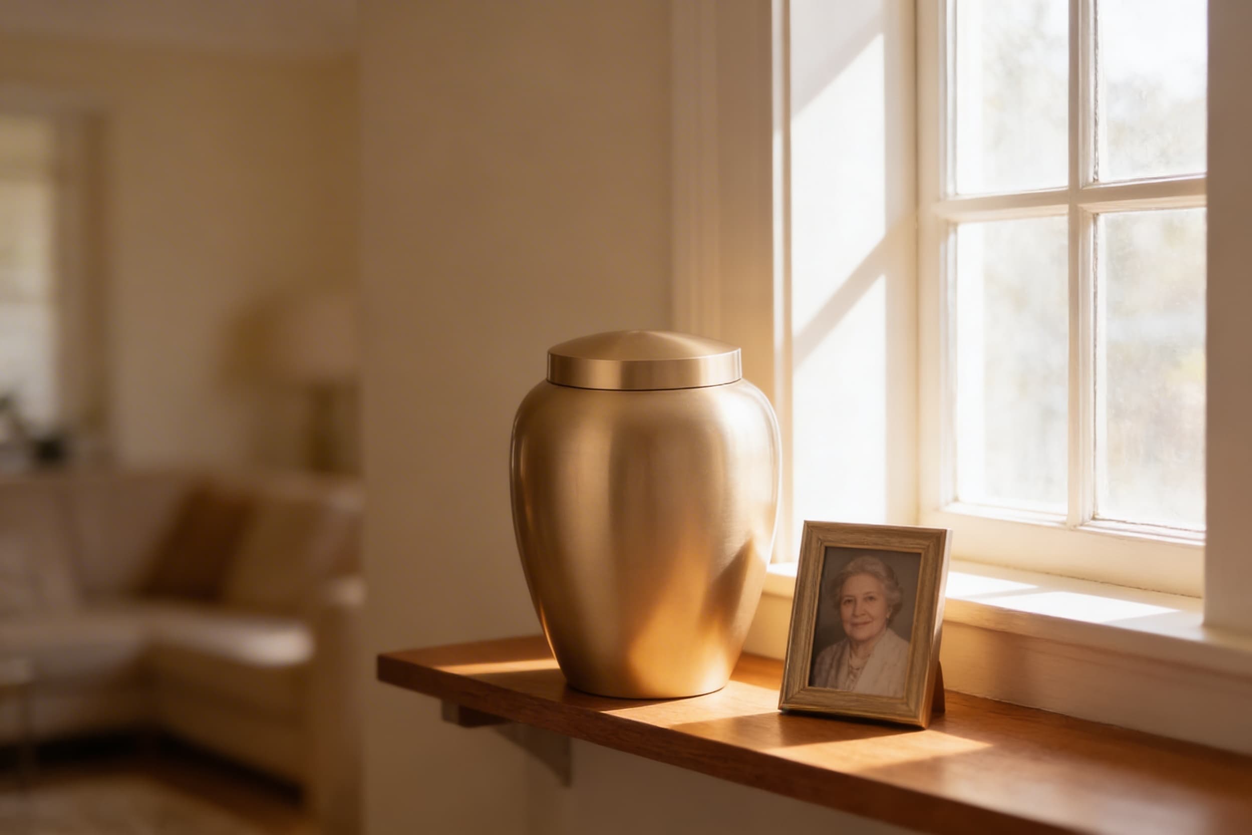 A polished brushed gold metal cremation urn displayed on a wooden shelf beside a small framed portrait in warm afternoon sunlight