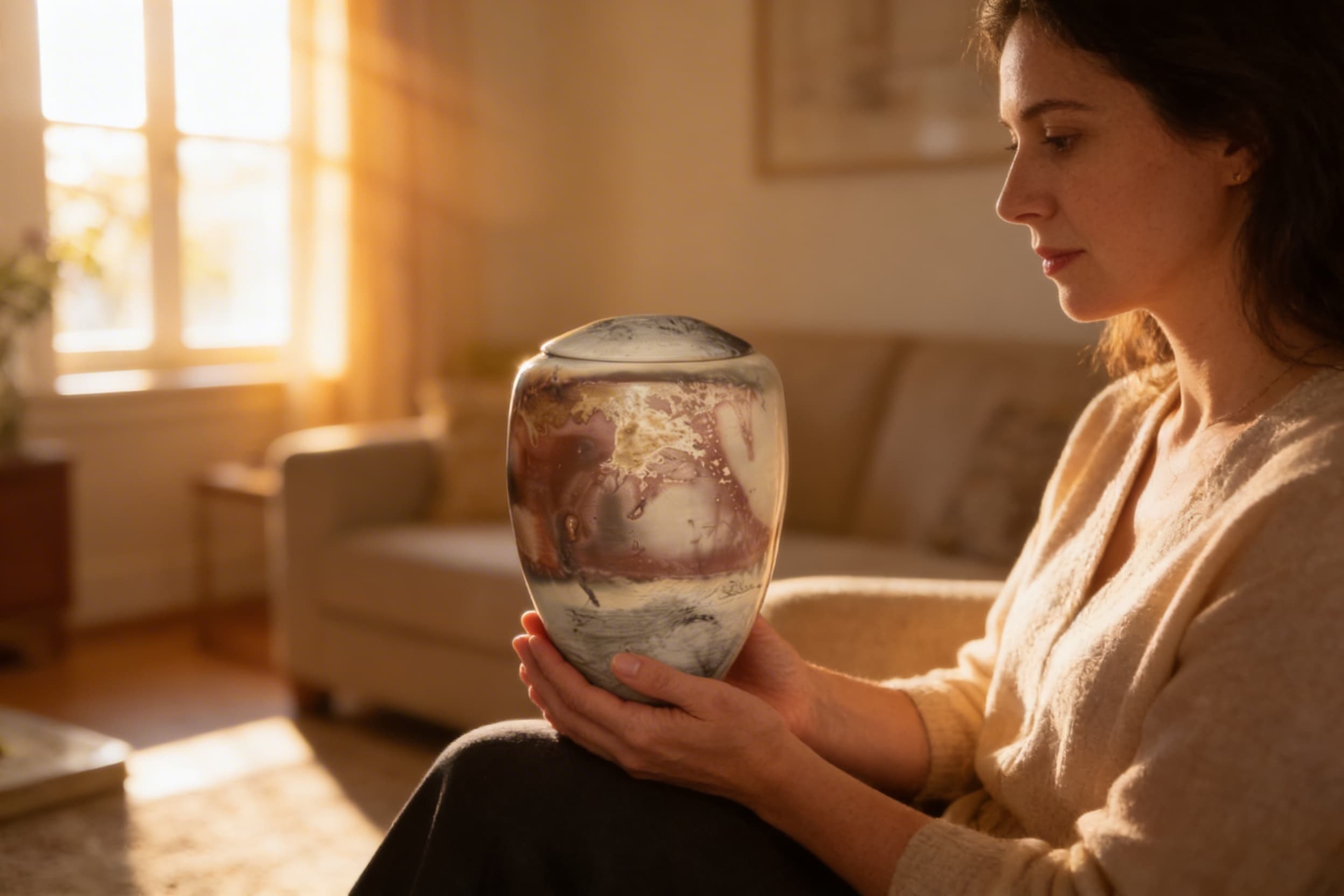 A young woman gently holding a hand-painted ceramic cremation urn while sitting in a sunlit living room