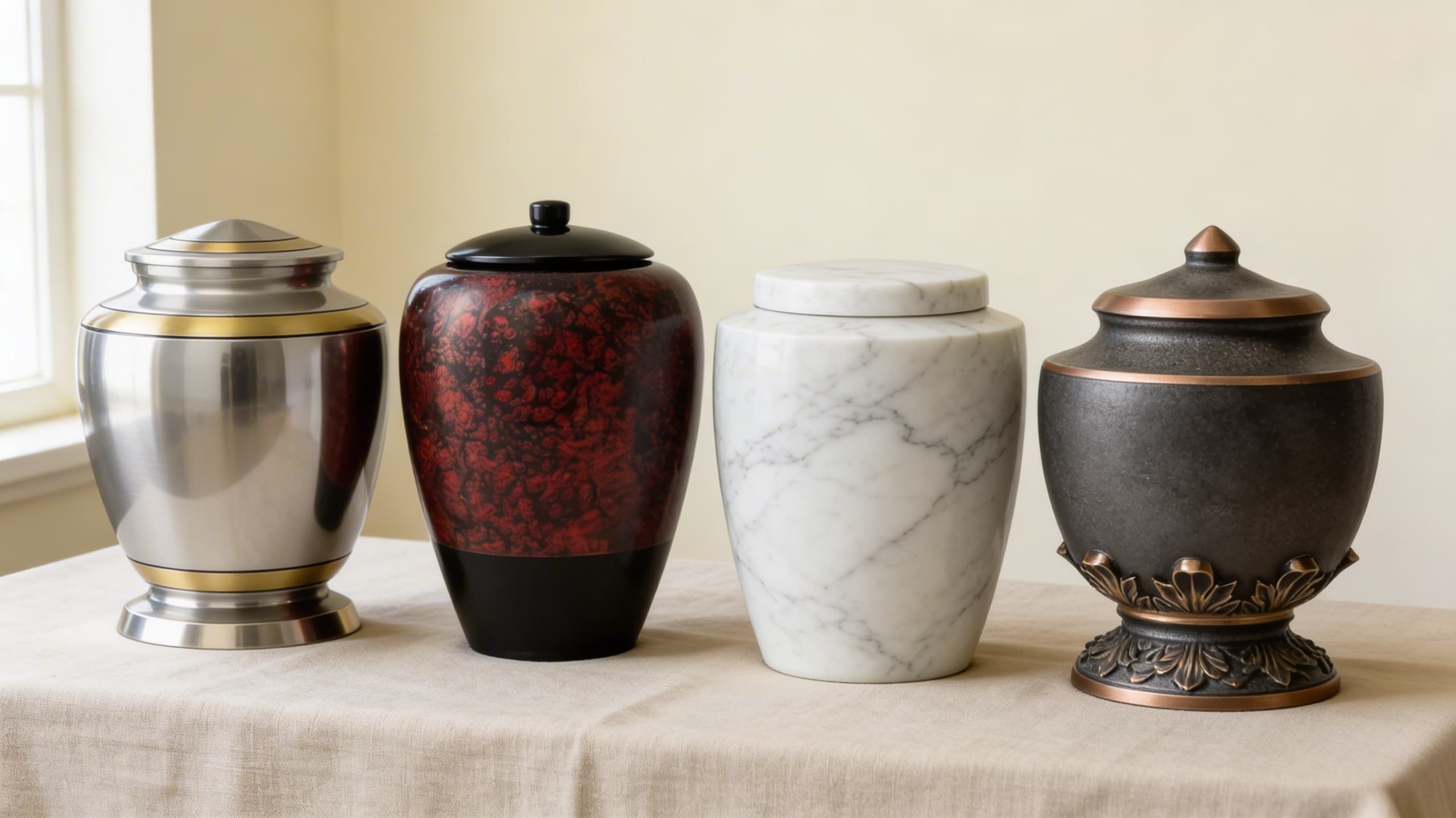 Four cremation urns in different materials displayed side by side on a linen surface, including a brushed steel urn with gold bands, a red and black ceramic urn, a white marble urn, and a dark bronze urn with copper accents