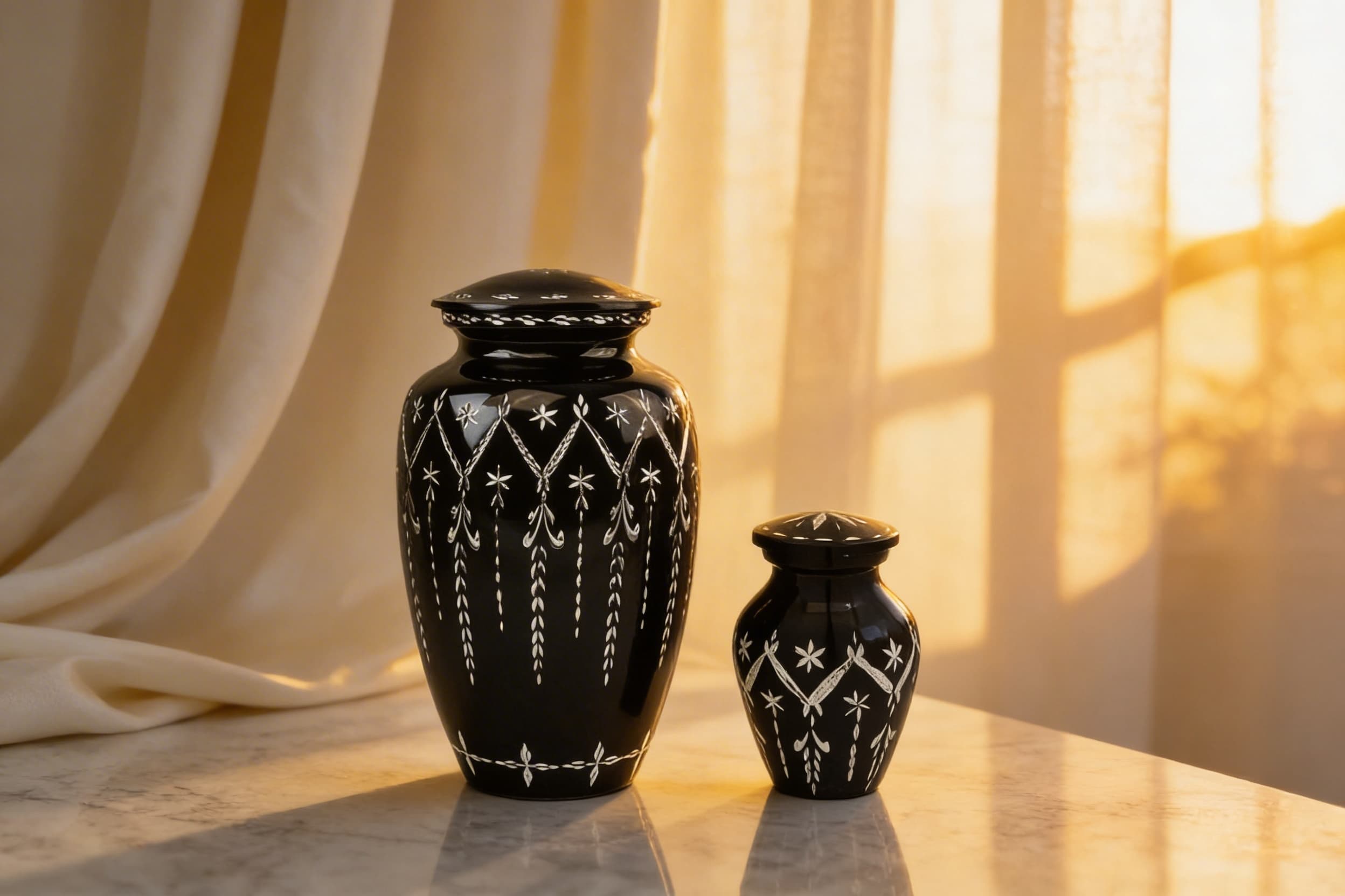 A standard adult cremation urn and a matching keepsake urn in black lacquer with hand-engraved silver floral designs, shown side by side to illustrate the size difference