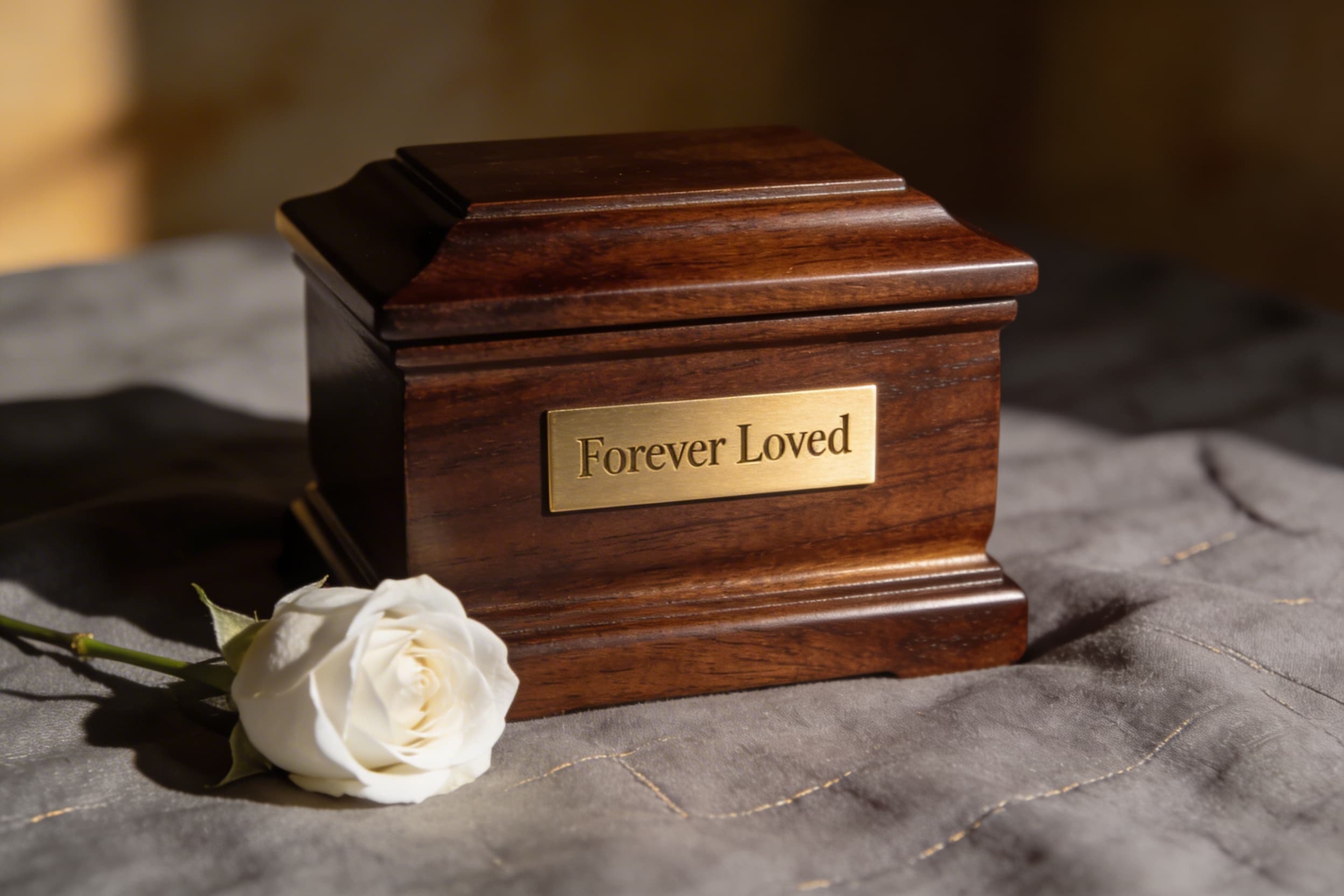 A dark walnut wood cremation urn with an engraved brass nameplate reading Forever Loved, displayed beside a single white rose on a gray cloth