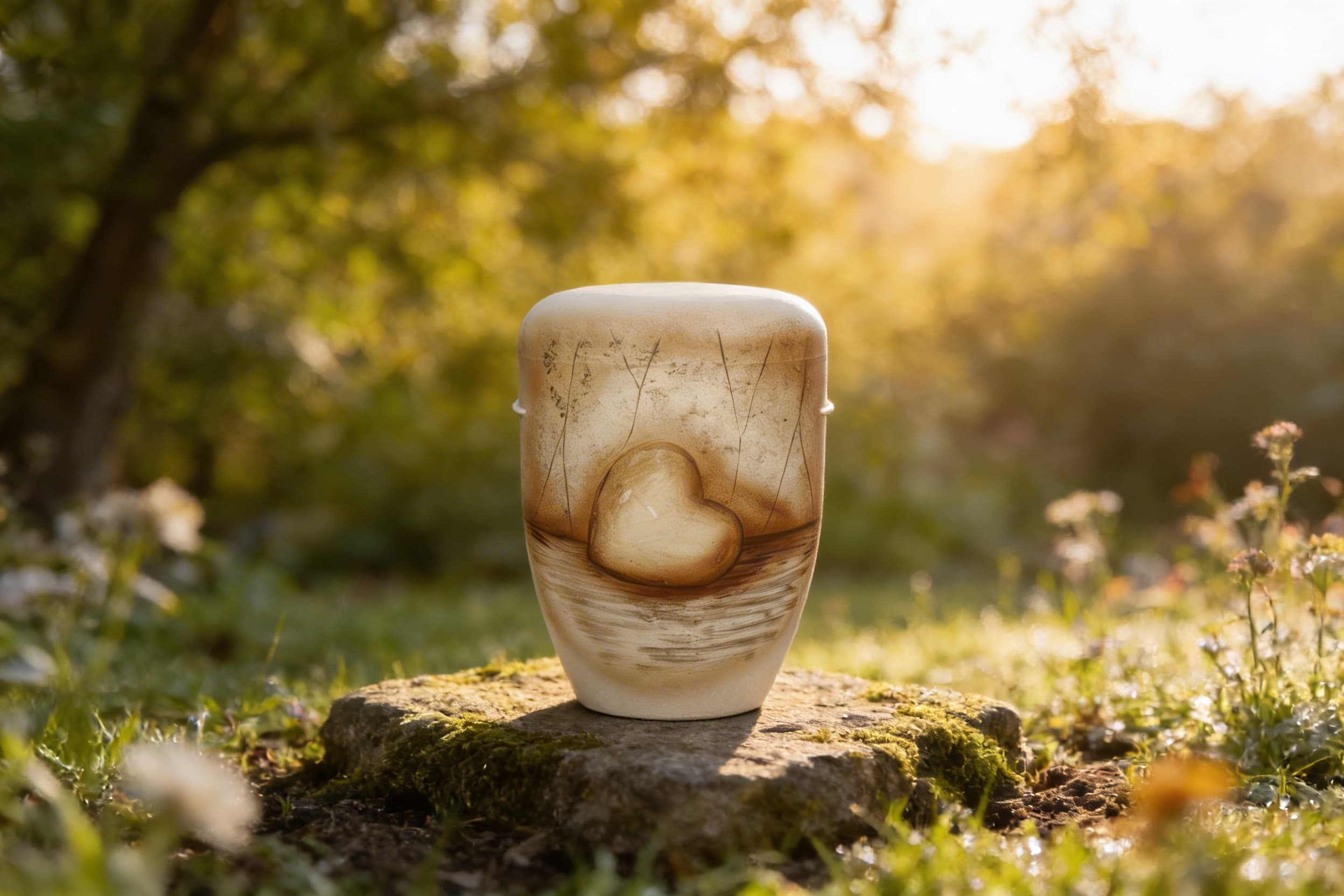A biodegradable cremation urn with a hand-painted heart and meadow design resting on a mossy stone in a sunlit garden setting