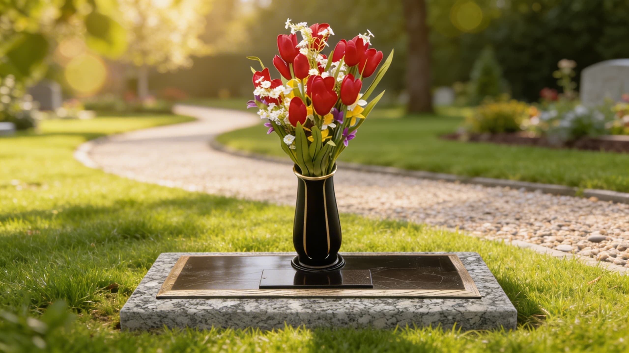 A flat granite cremation grave marker with a vase of red tulips and wildflowers in a sunlit cemetery garden with a winding path