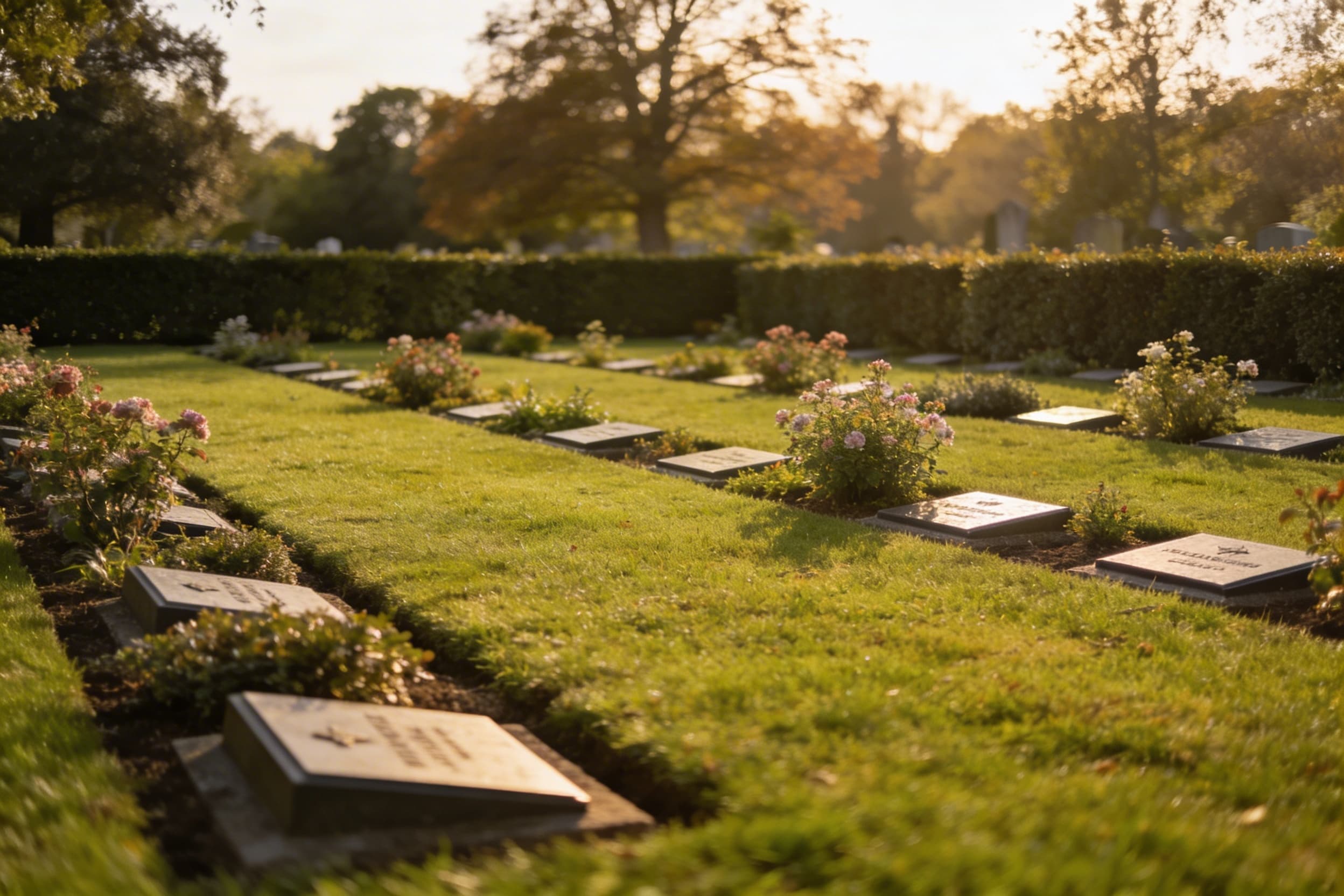 Rows of flat memorial markers with small flower plantings in a well-maintained cremation garden section of a cemetery in warm golden light