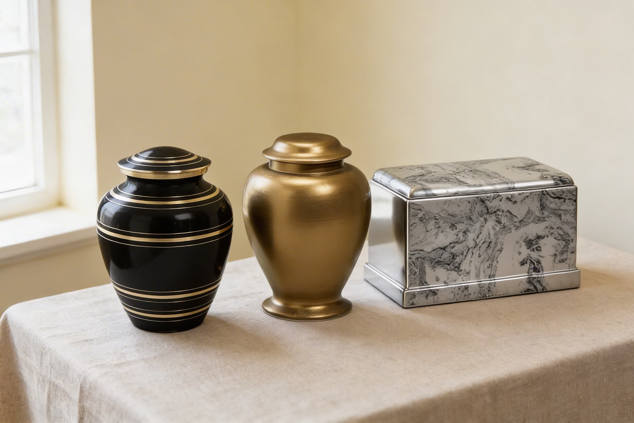 Three cremation urns suitable for burial displayed on a linen surface, including a black metal urn with gold bands, a brushed brass urn, and a rectangular cultured marble urn
