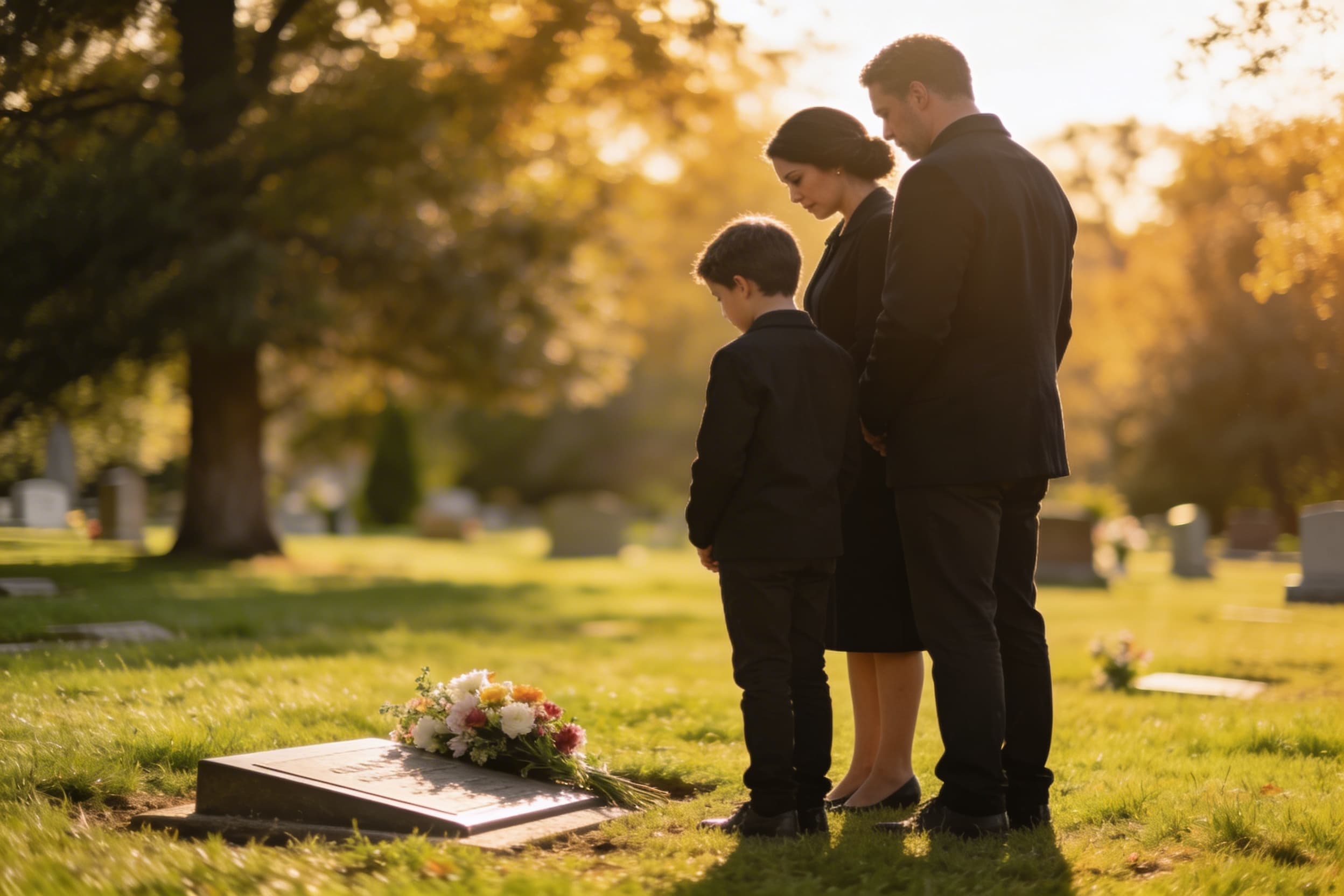 A family of three standing together at a cremation grave marker with a fresh flower arrangement during a quiet graveside observance in a sunlit cemetery