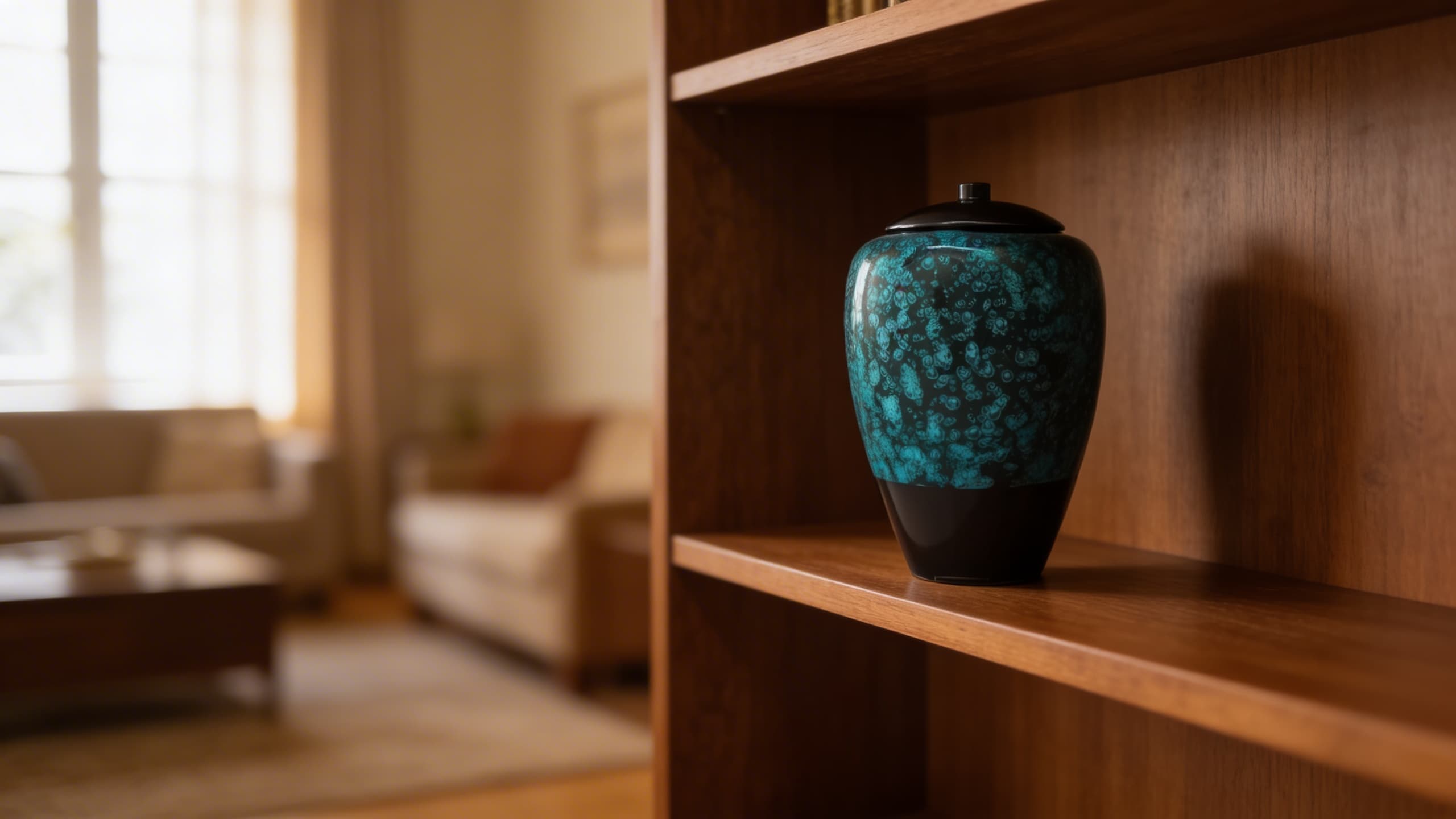 A teal and black ceramic cremation urn with a speckled glaze displayed on a walnut bookshelf in a sunlit living room