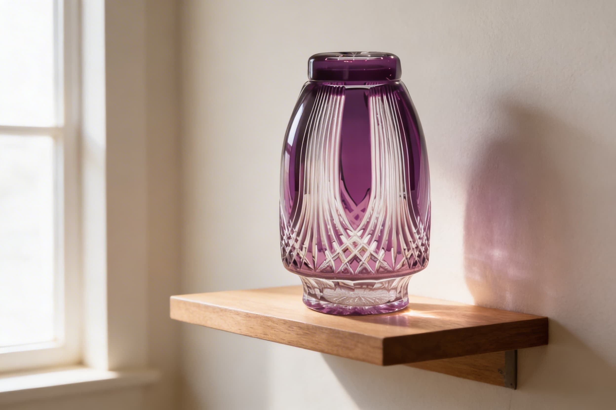 A purple cut crystal glass cremation urn catching soft natural light on a floating wooden shelf near a window