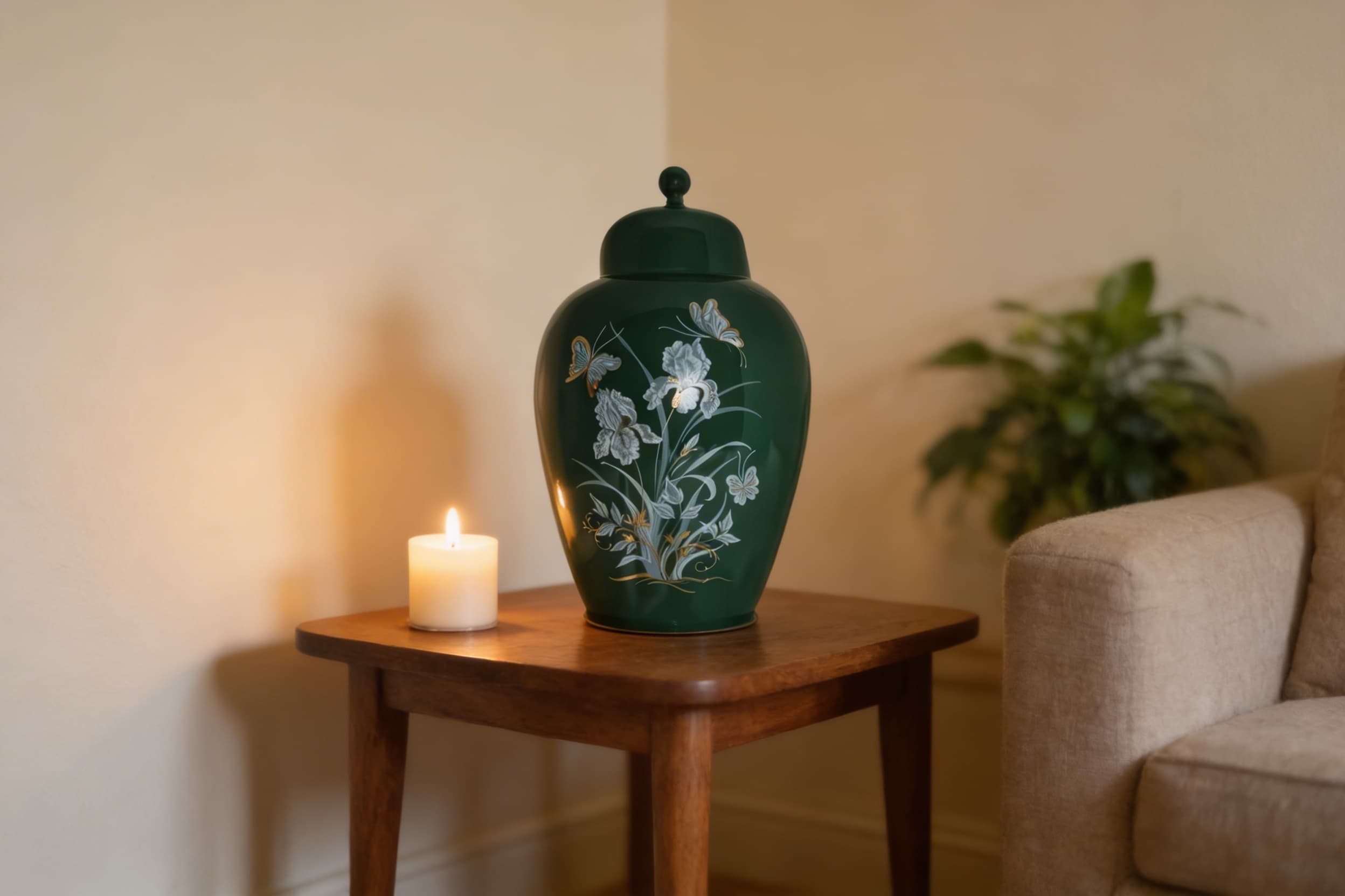 A green ceramic cremation urn with hand-painted iris and butterfly designs displayed on a wooden side table beside a lit candle in a warm living room