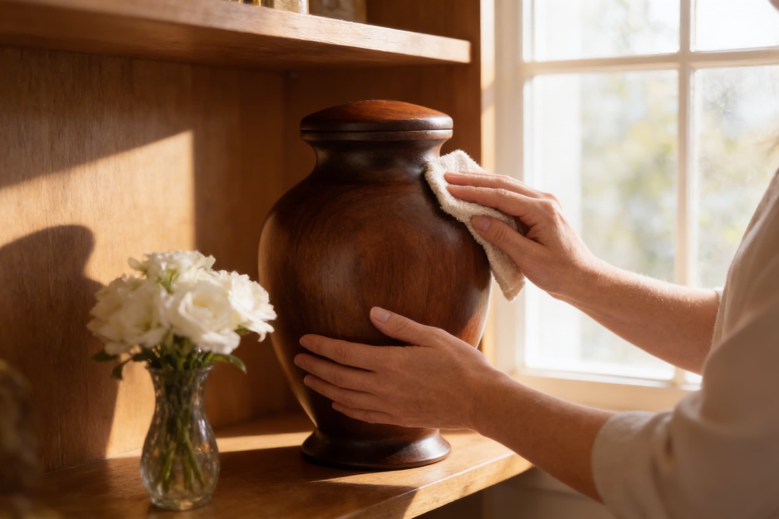 A person gently dusting a dark walnut wood cremation urn with a soft cloth on a wooden shelf beside a small vase of white flowers
