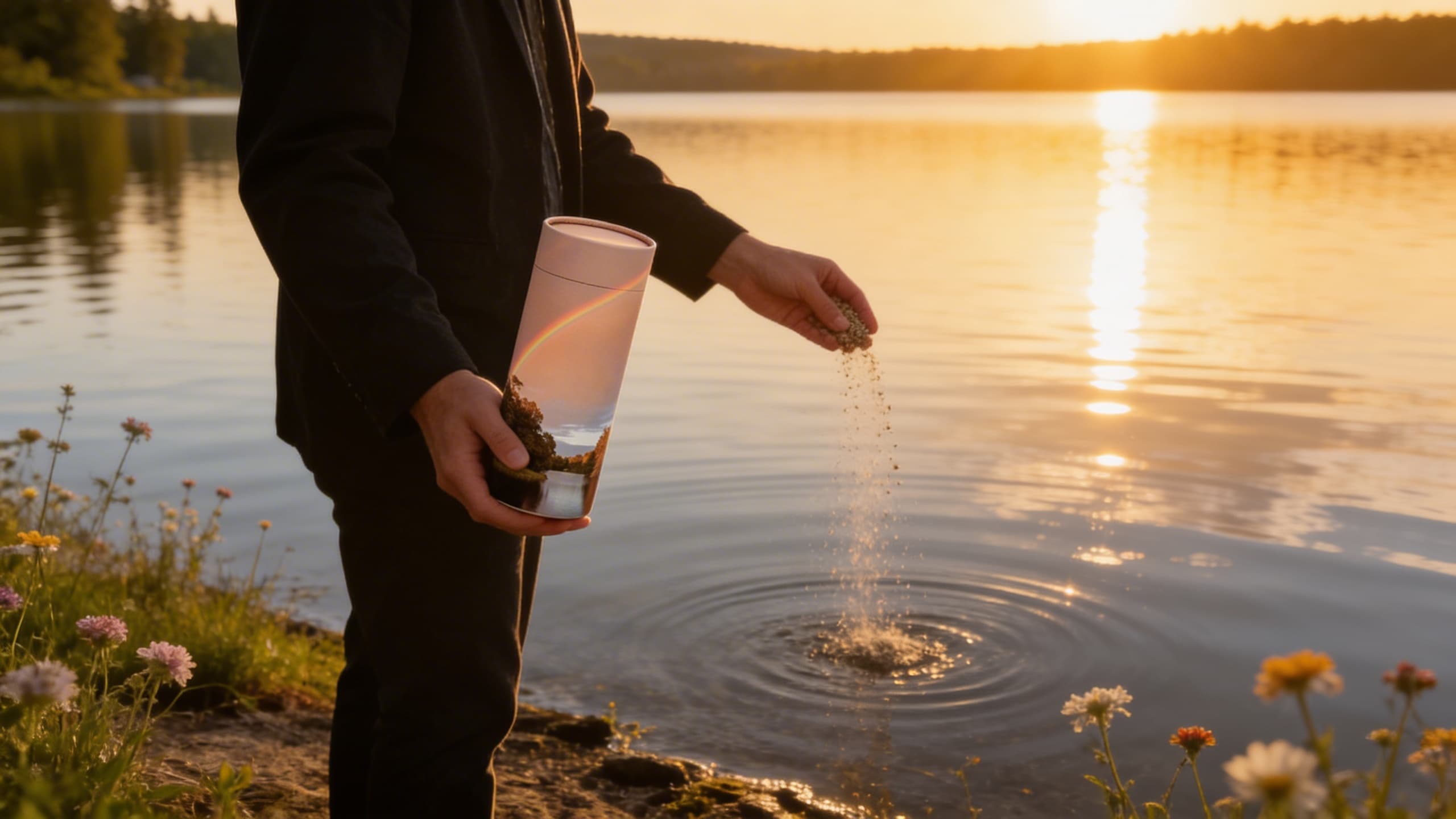 A person standing at the edge of a serene lake at golden hour, gently releasing cremated remains from a scattering tube over the calm water with wildflowers on the shore
