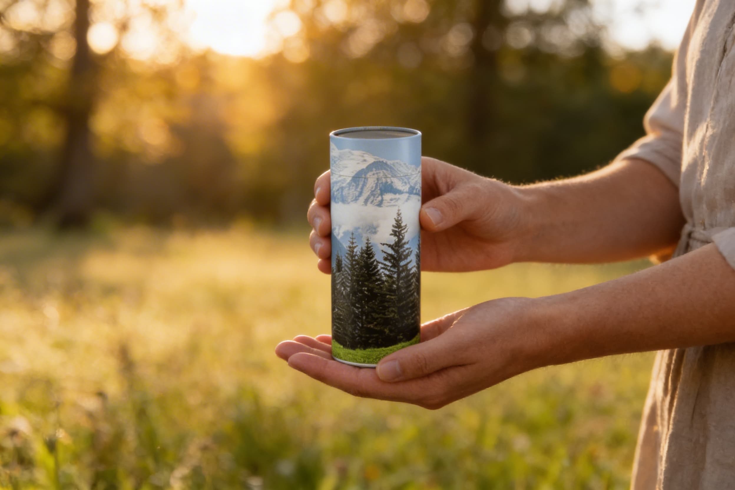 A close-up of hands holding a decorative scattering tube at waist height in an open meadow, with soft golden light filtering through trees
