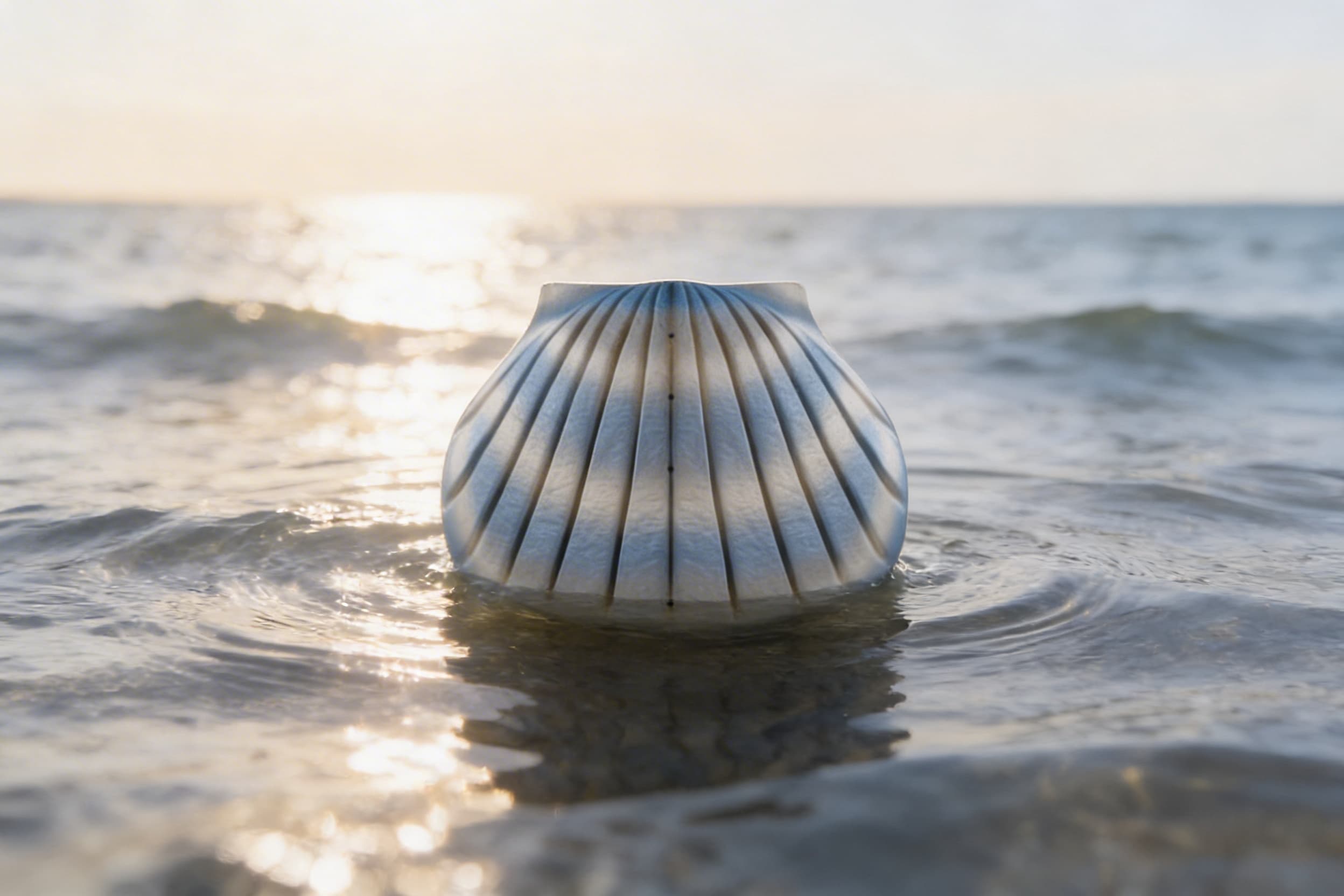 A biodegradable water burial urn floating on the surface of a calm ocean with sunlight reflecting off gentle waves, moments before it begins to sink