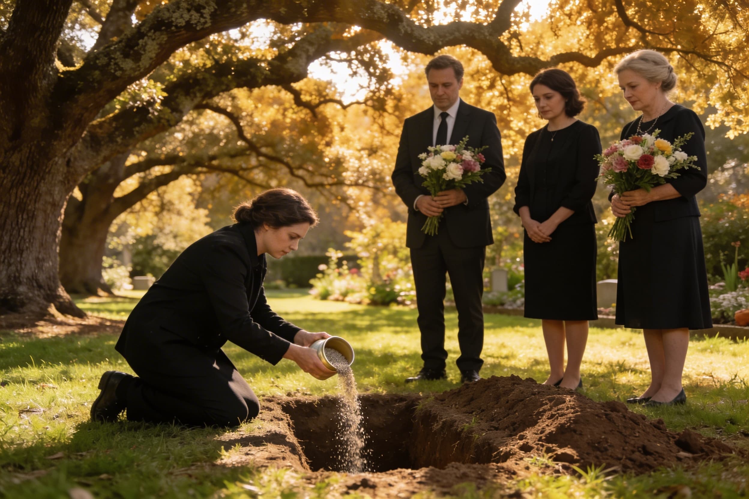 A family gathered in a peaceful garden setting with mature trees, one person kneeling to place ashes into a shallow trench while others stand nearby holding flowers