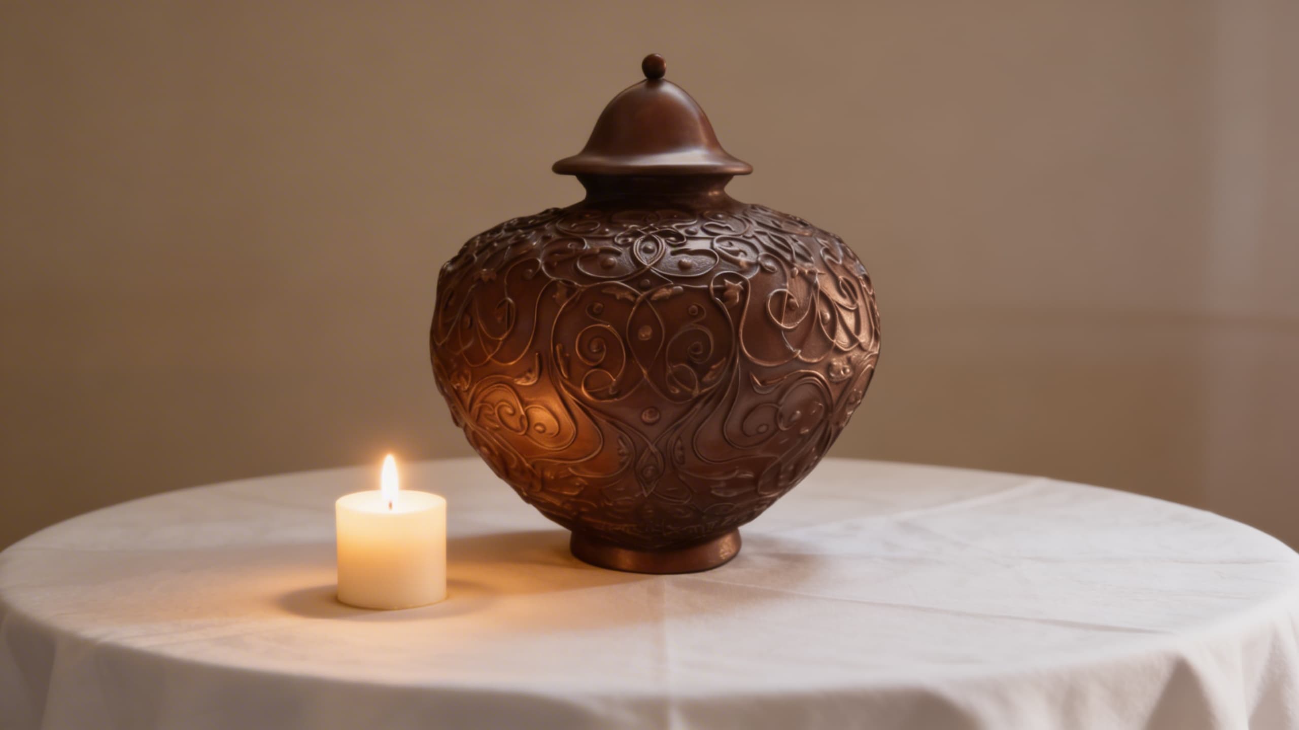 An ornate bronze cremation urn with raised scrollwork displayed on a round table with a white cloth beside a small lit candle in soft warm light