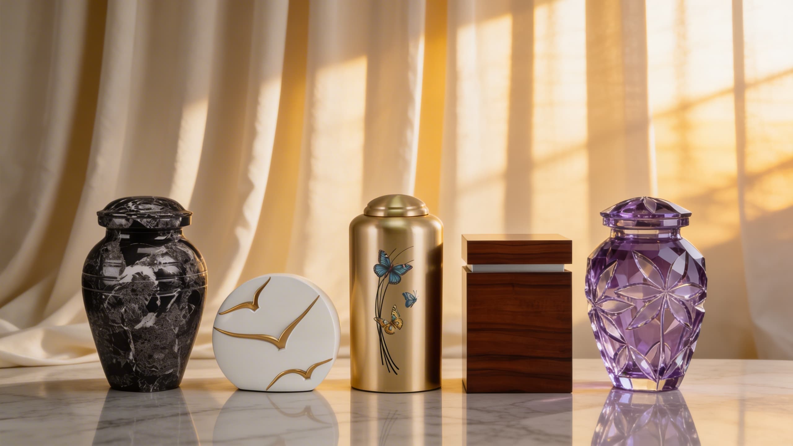 A collection of cremation urns in different styles displayed together, including a black marble urn, a white ceramic disc with gold birds, a gold metal urn with painted butterflies, a dark walnut wood box urn, and a purple cut crystal glass urn