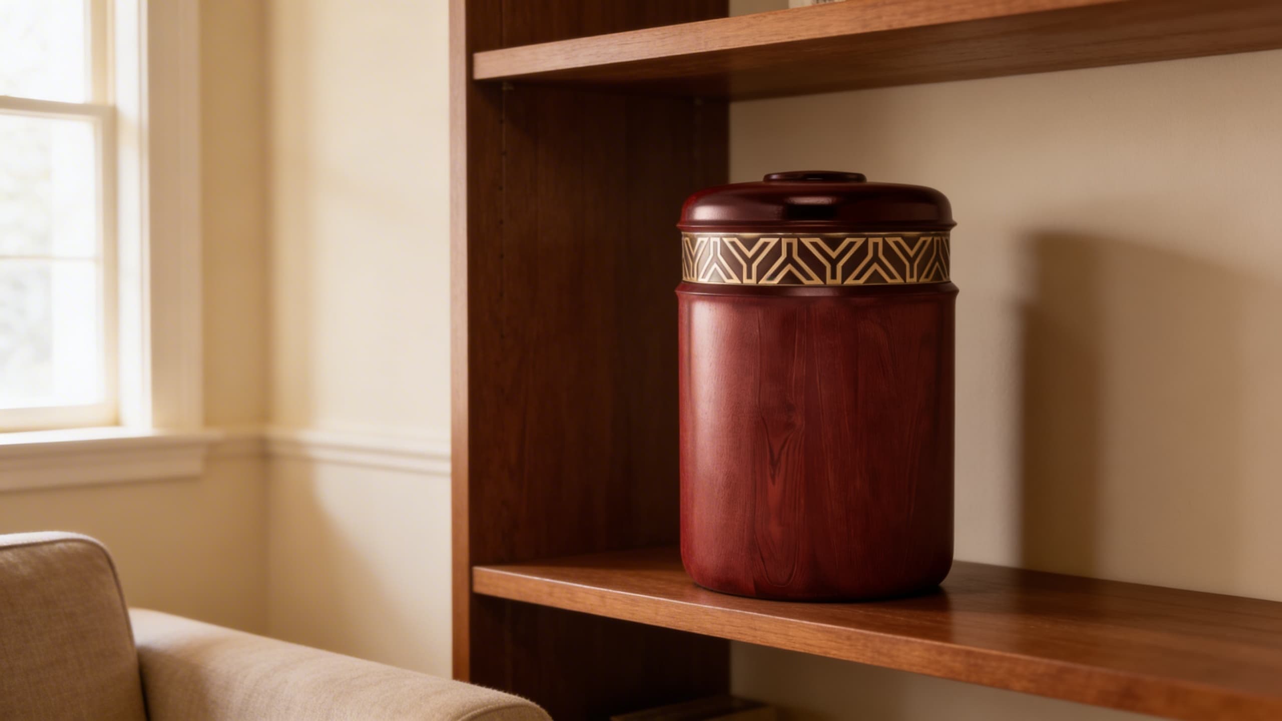 A cherry wood cremation urn with a geometric gold band displayed on a walnut bookshelf in a warm sunlit living room
