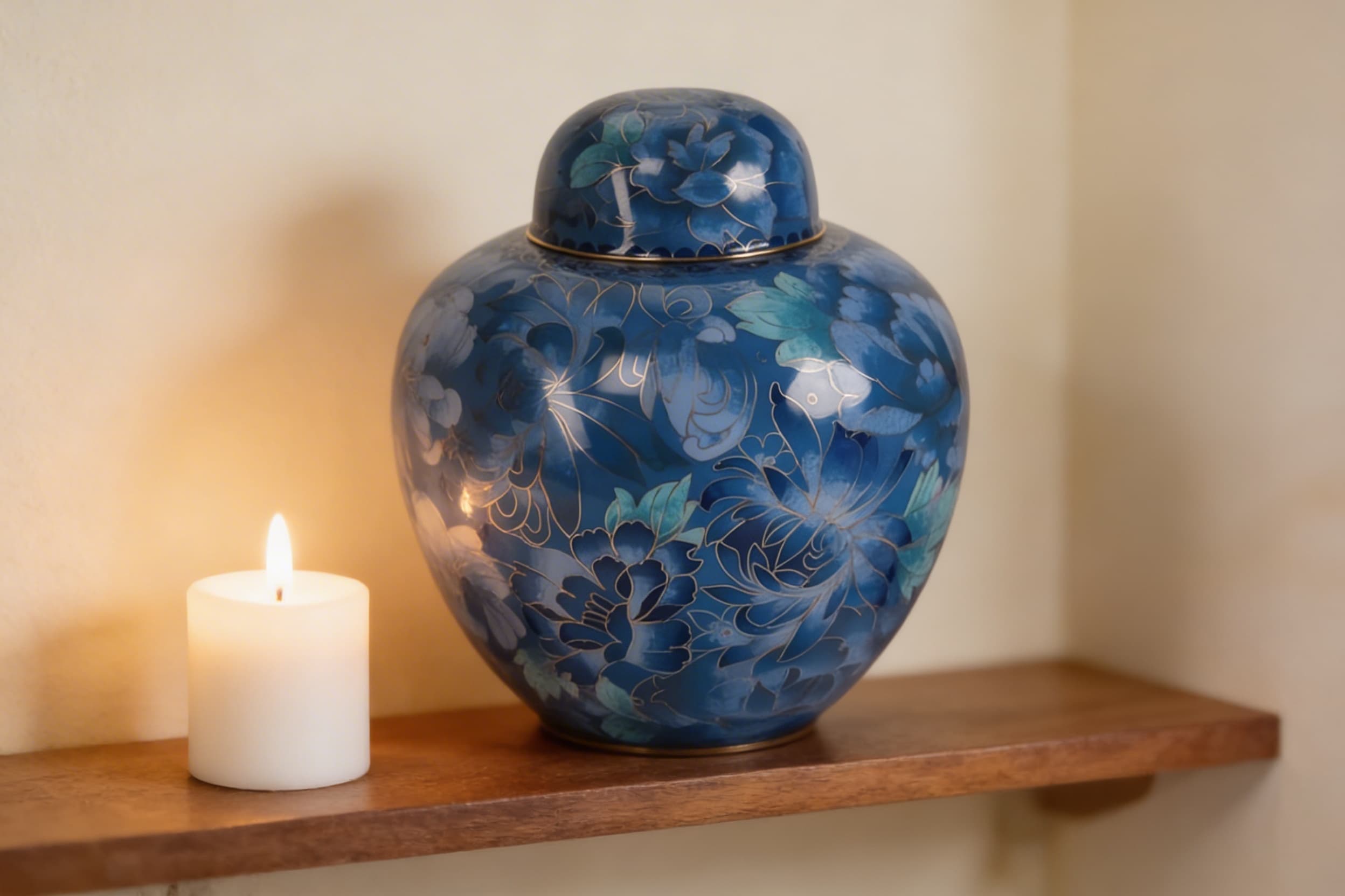 A blue cloisonnΓ© ceramic cremation urn with hand-painted peony and butterfly designs displayed on a wooden shelf beside a lit white candle