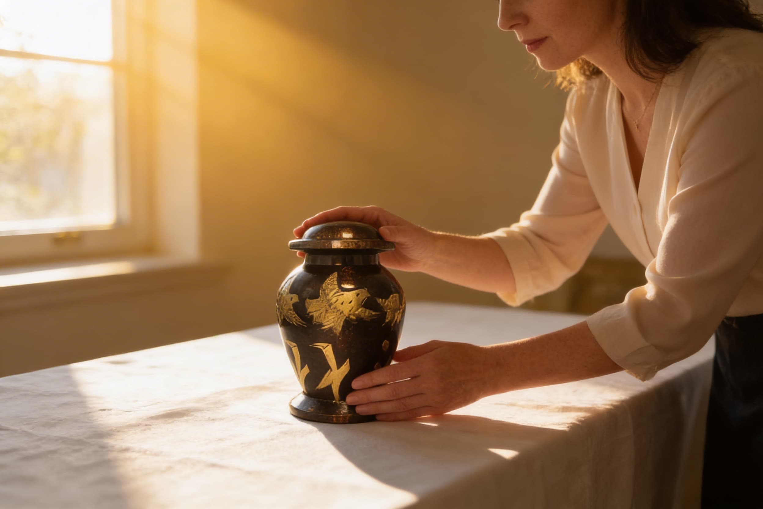 A woman gently placing a black cremation urn with gold painted birds onto a sunlit mantel, her hands resting on the urn in a quiet moment of remembrance