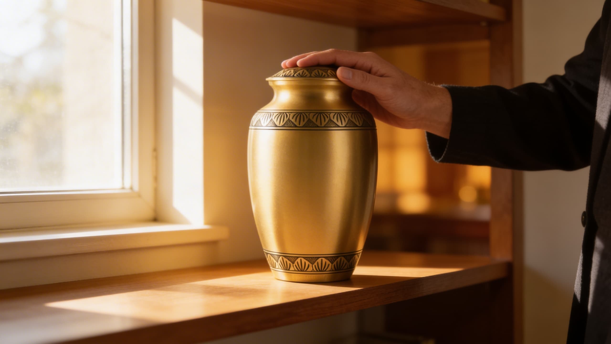 A person resting their hand on the lid of a brushed brass cremation urn with an engraved leaf band, displayed on a sunlit wooden shelf