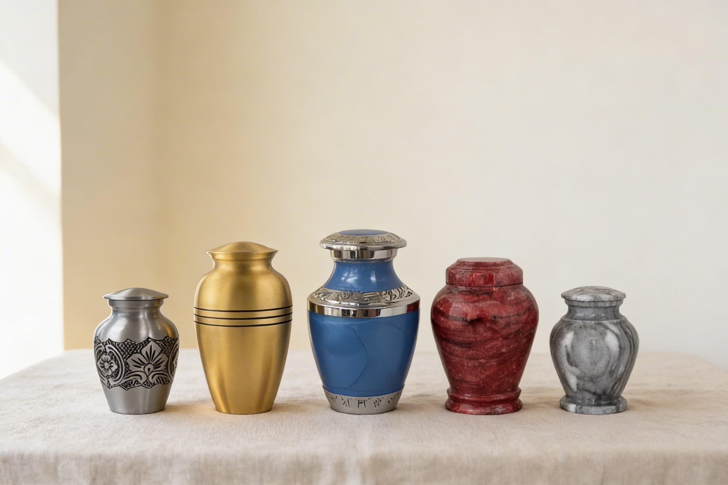 Five cremation urns in different materials and sizes displayed in a row, including a small silver engraved keepsake, a gold brass urn, a blue metal urn with silver accents, a red marble urn, and a small gray marble keepsake