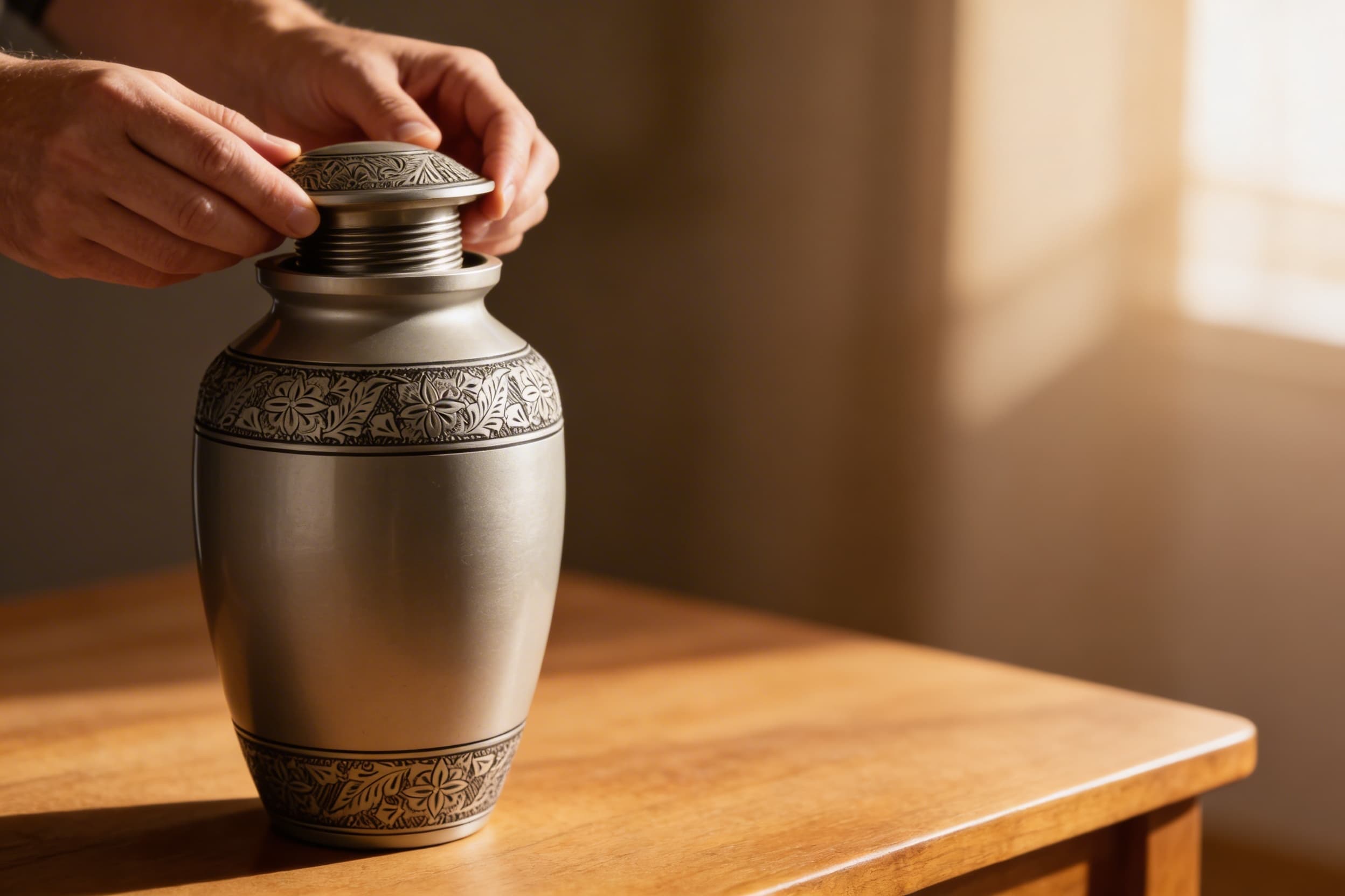 A person carefully unscrewing the threaded lid of a brushed pewter cremation urn with an engraved floral band on a wooden table in soft natural light