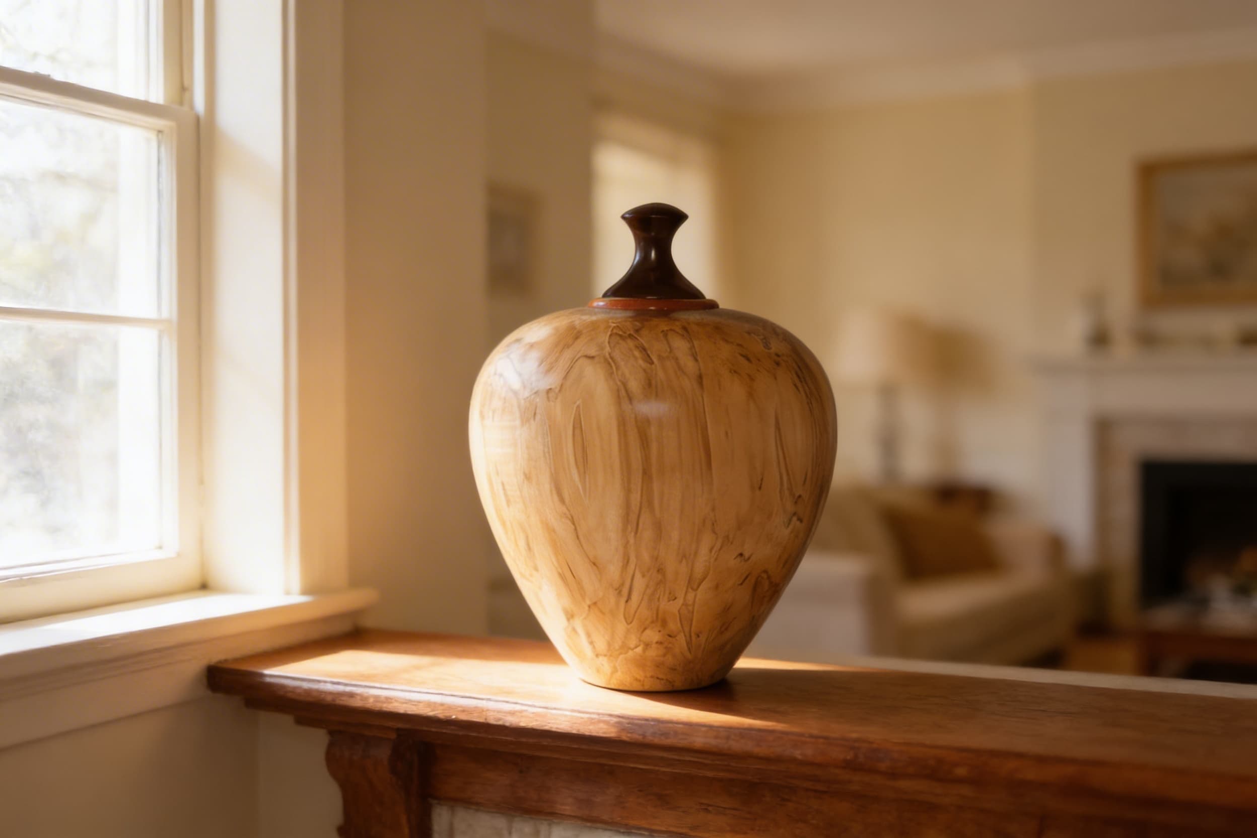 A hand-turned spalted maple wood cremation urn with a dark walnut lid displayed on a carved wooden mantel in a sunlit living room with a fireplace in the background
