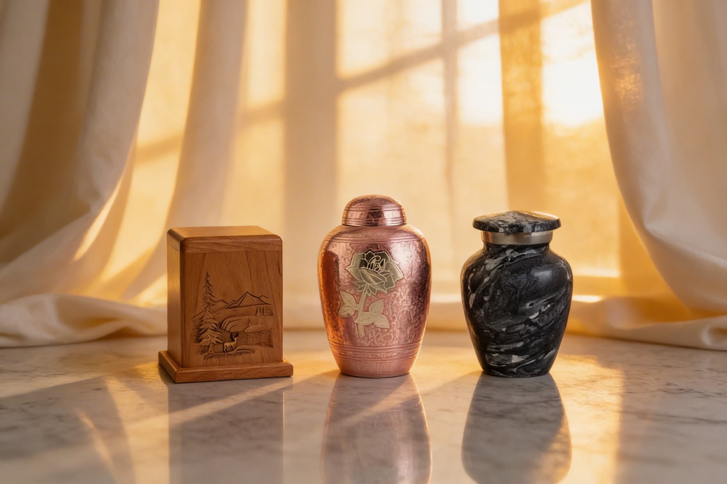 Three keepsake cremation urns displayed together in warm golden light, including a wood box urn with a laser-engraved mountain scene, a rose gold metal urn with an etched rose, and a small dark marble urn