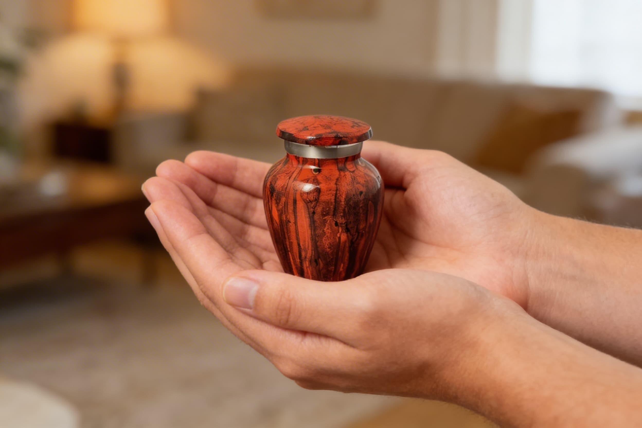 A pair of hands gently cradling a small red and black marbled keepsake cremation urn in a warm living room setting
