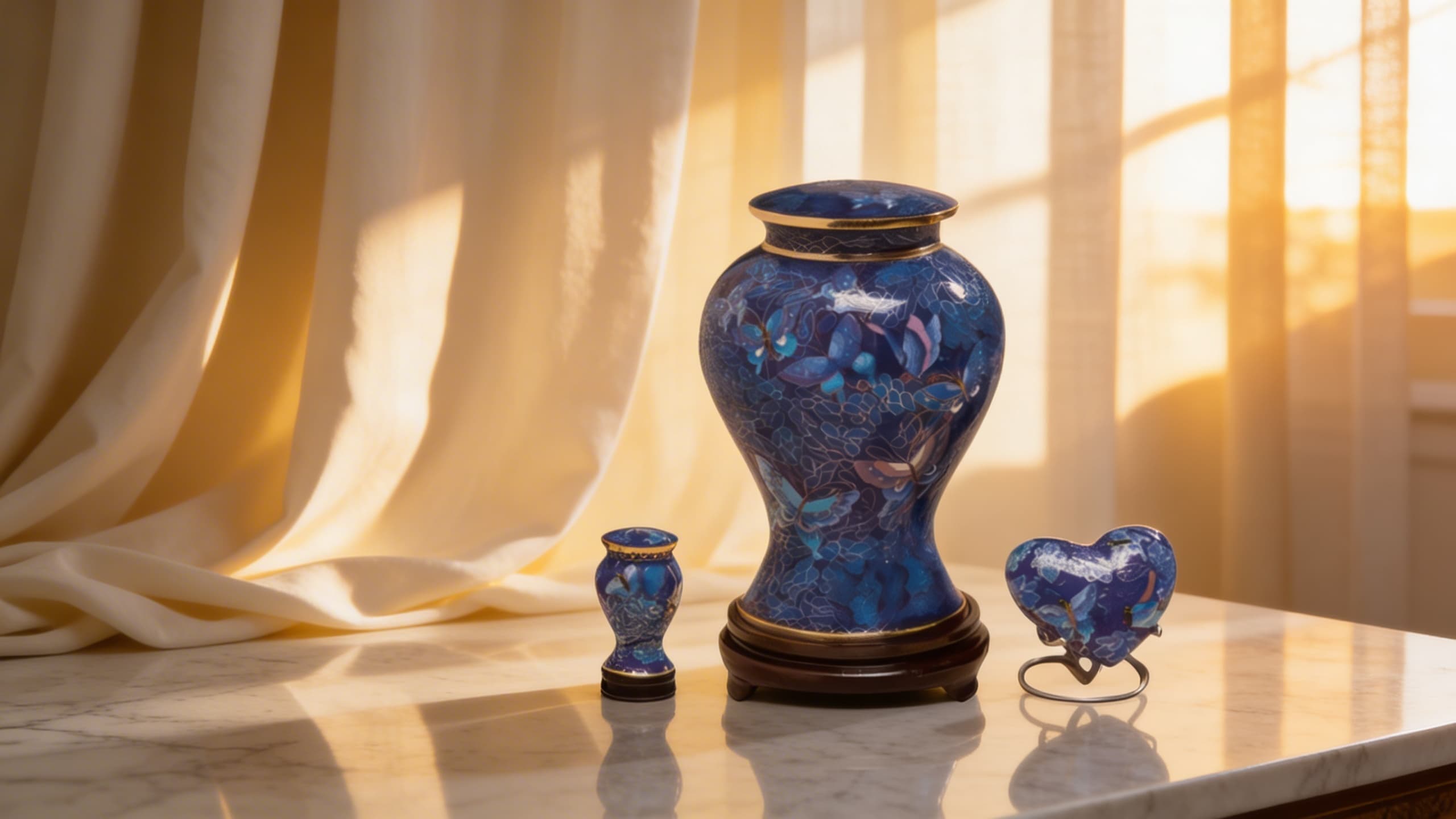 A blue cloisonnΓ© full-size cremation urn on a wooden stand displayed alongside a matching miniature keepsake vase and a heart-shaped keepsake urn on a marble table in warm golden light