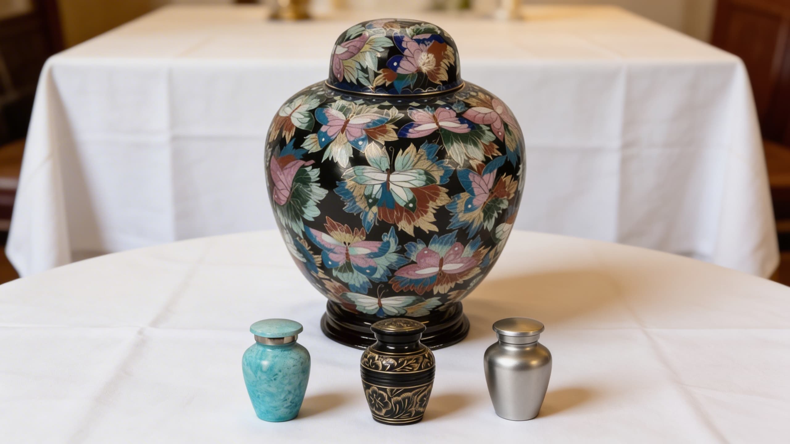 A full-size cloisonnΓ© butterfly cremation urn displayed on a white tablecloth with three small keepsake urns in front, showing how families can combine a primary urn with smaller keepsakes for sharing
