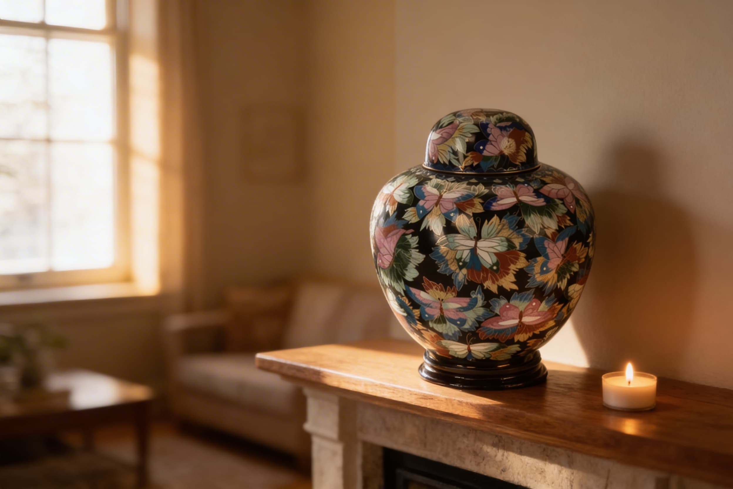 A full-size cloisonnΓ© cremation urn with hand-painted butterflies in pink, blue, and green on a black background displayed on a wooden mantel beside a lit tealight candle in a sunlit living room
