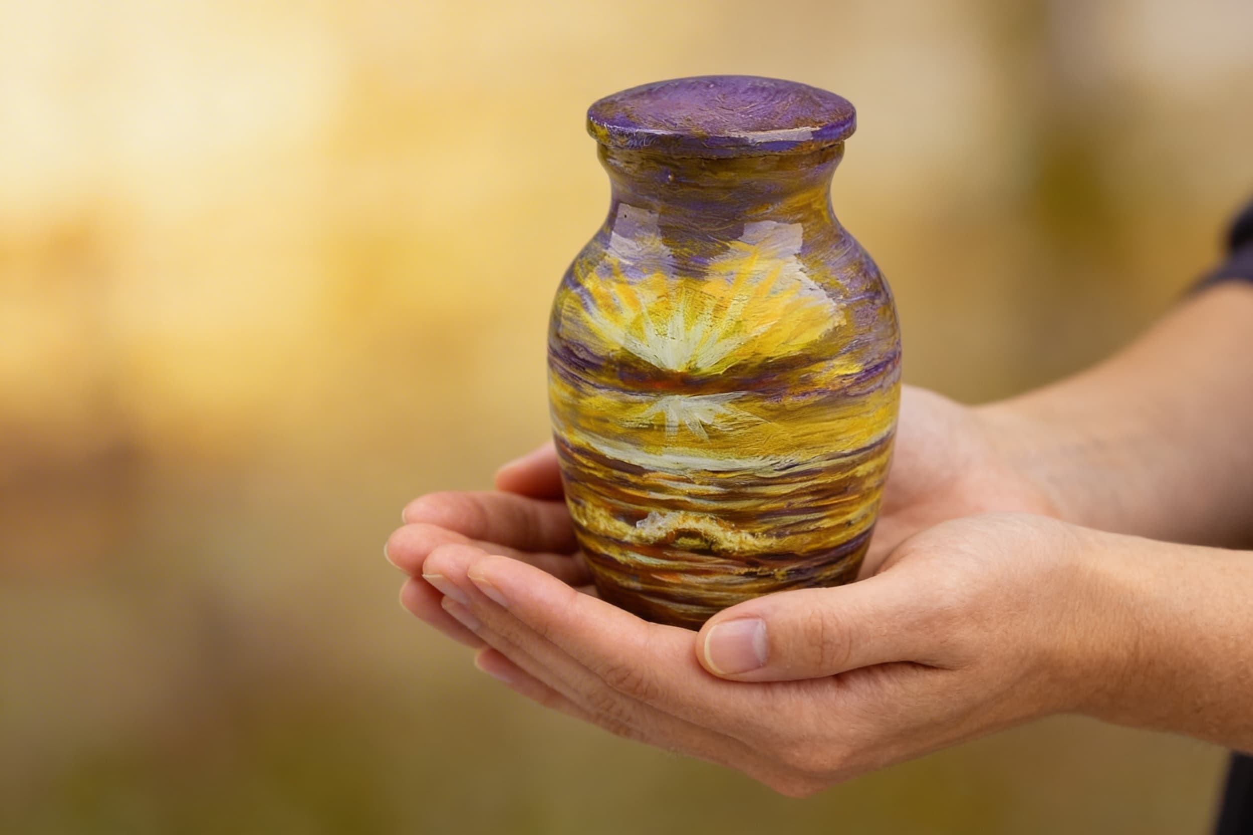 A pair of hands gently holding a small hand-painted keepsake cremation urn with a purple and gold sunset design outdoors in soft natural light