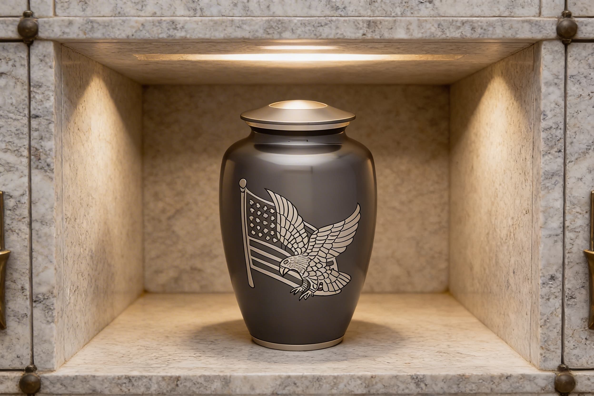 A gunmetal gray full-size cremation urn with an engraved American eagle and flag displayed inside a lit granite columbarium niche with brass handle doors