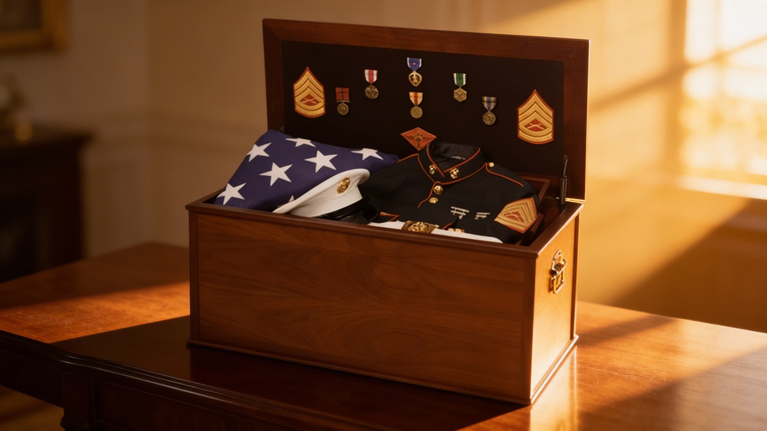 A military veteran cremation urn with an American flag folded beside it on a polished wooden surface in warm natural light