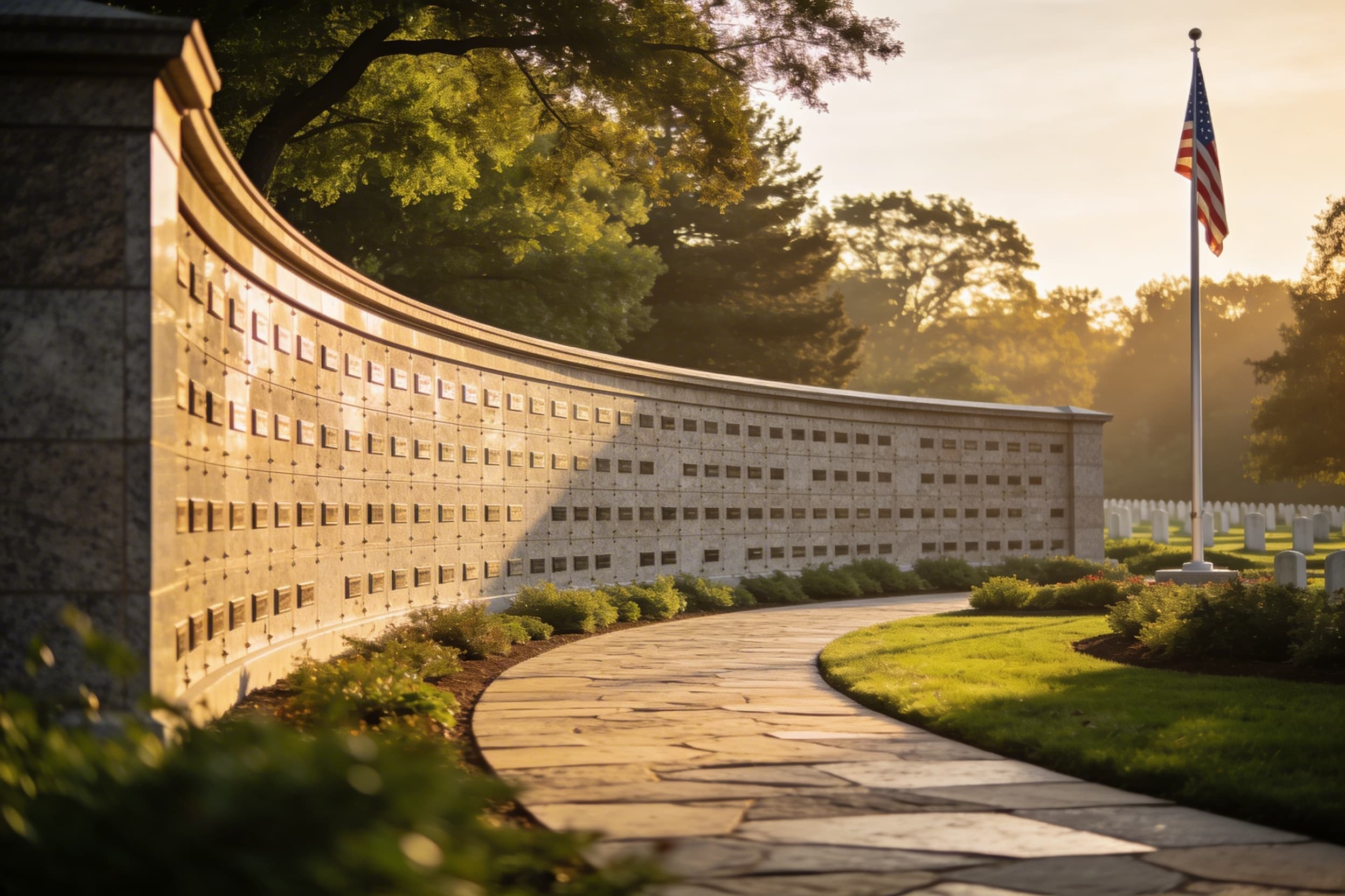 A columbarium wall at a national cemetery with neatly arranged niches and small American flags placed by family members