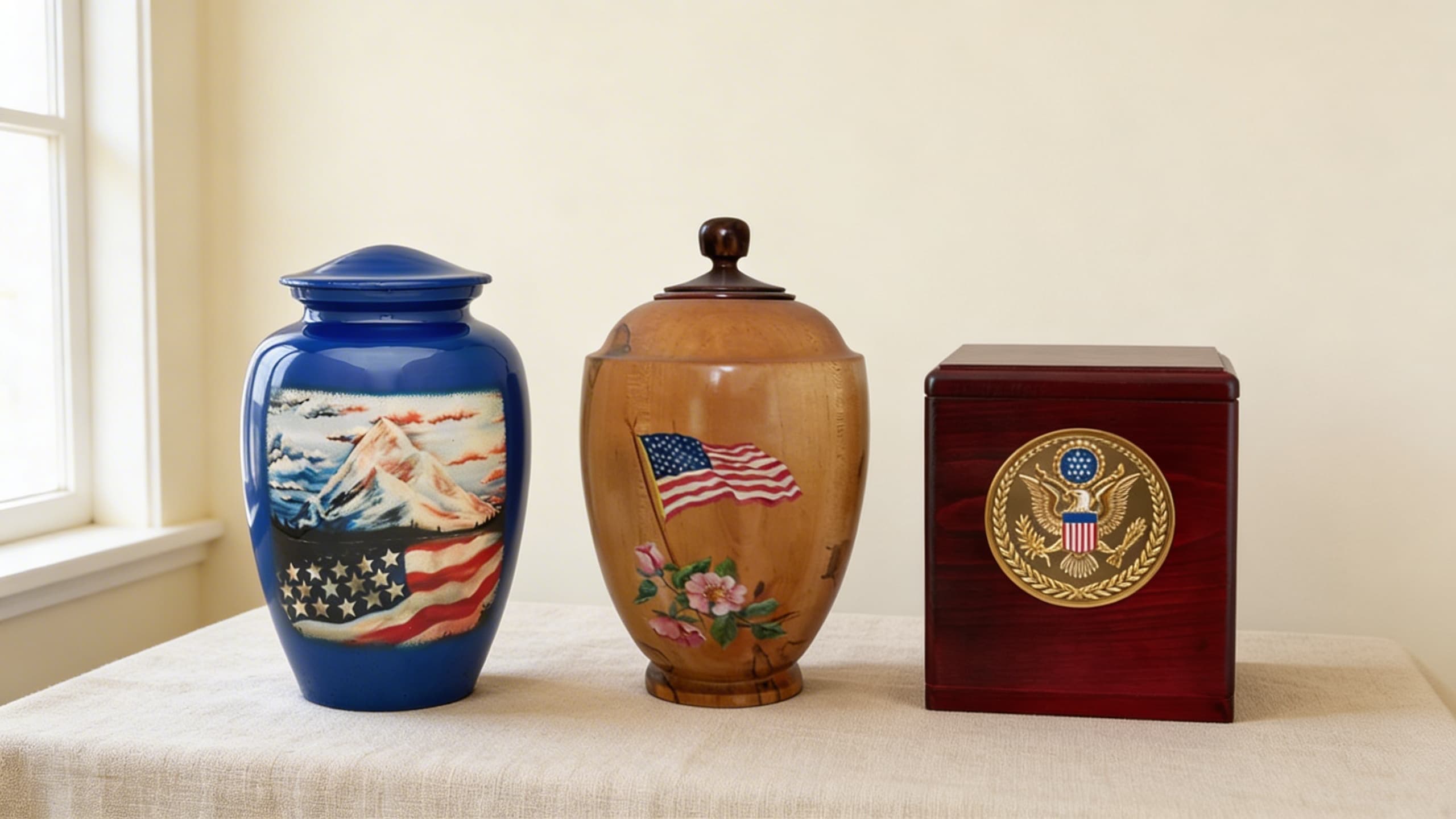 A collection of military cremation urns in different materials
