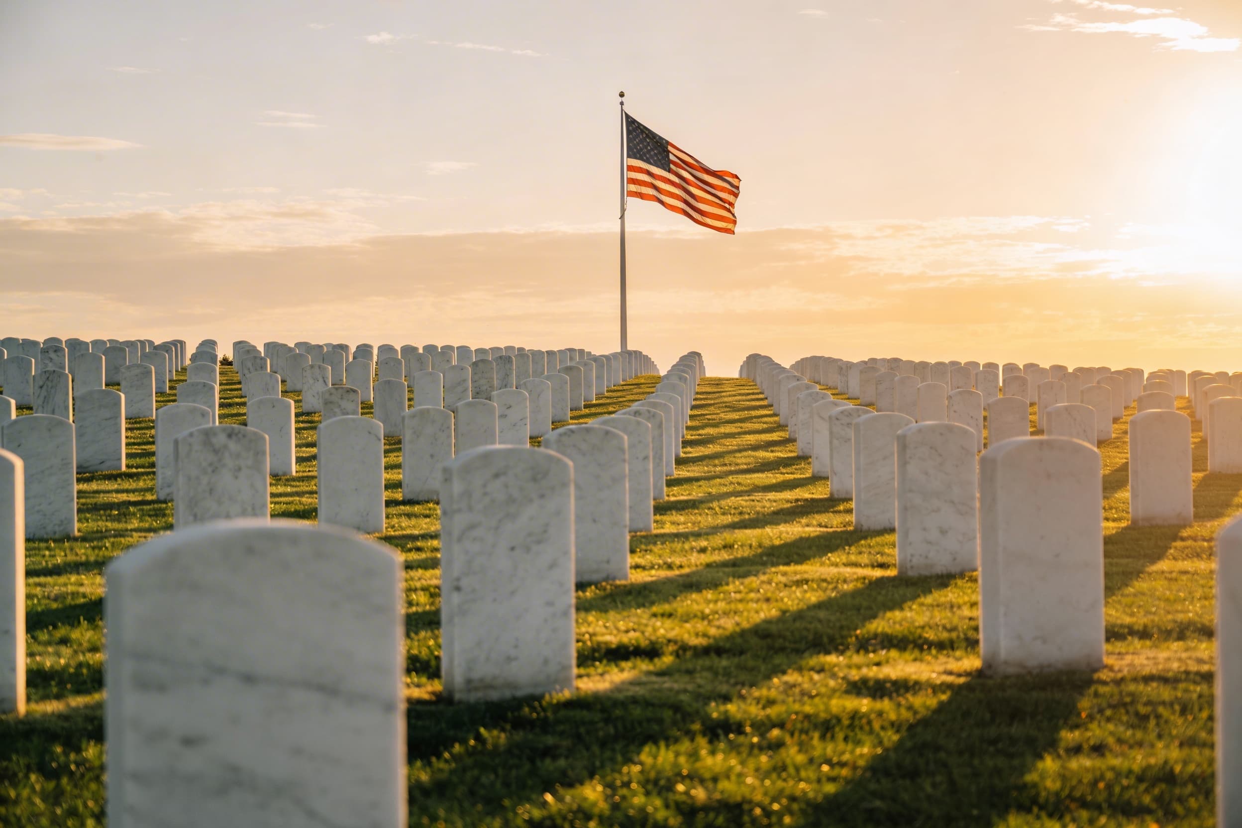 A serene national cemetery landscape at sunrise with rows of white headstones and an American flag at half-staff