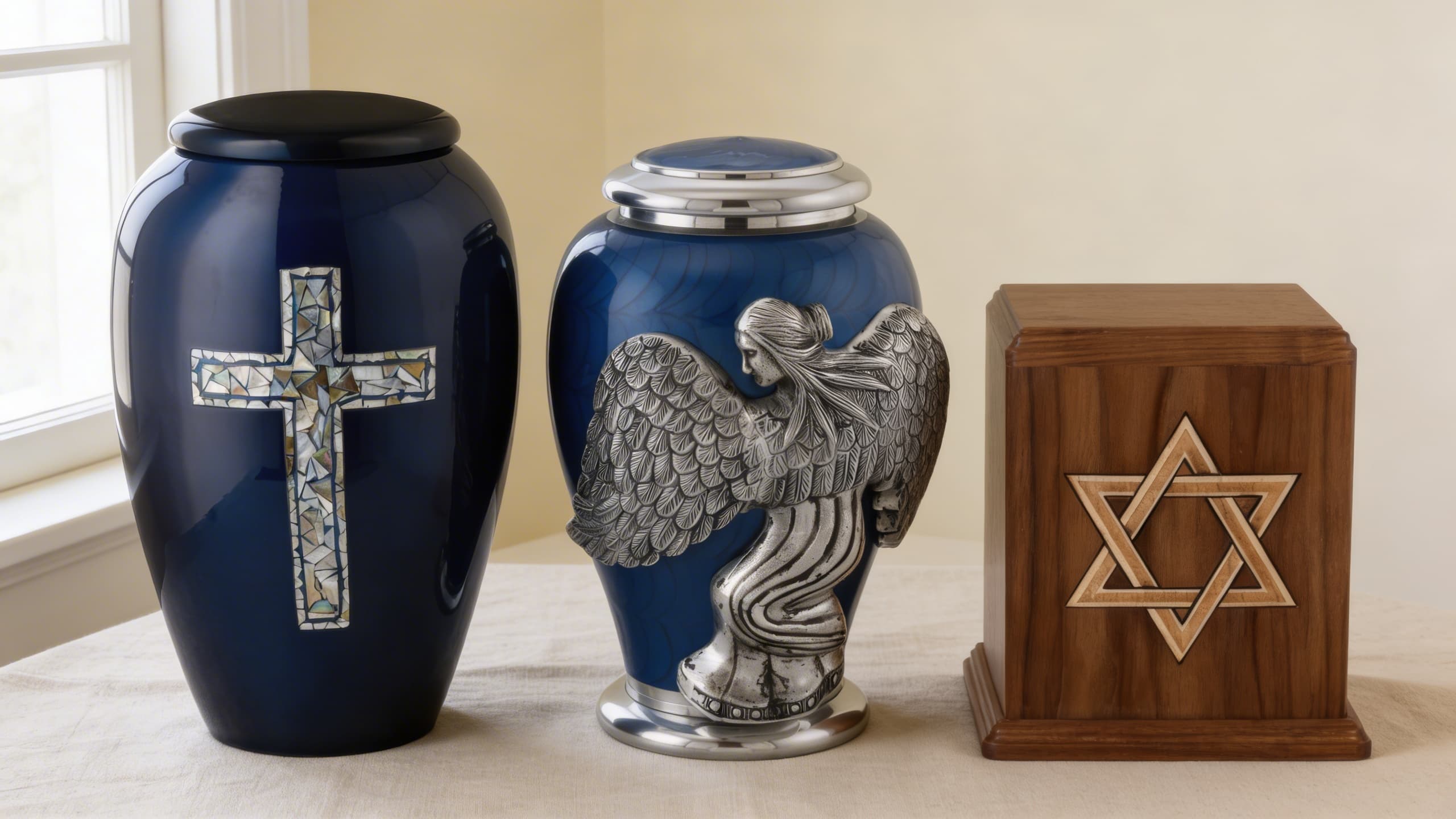 A collection of religious cremation urns including a cross urn, an angel urn, and a Star of David urn displayed together on a draped table with soft lighting