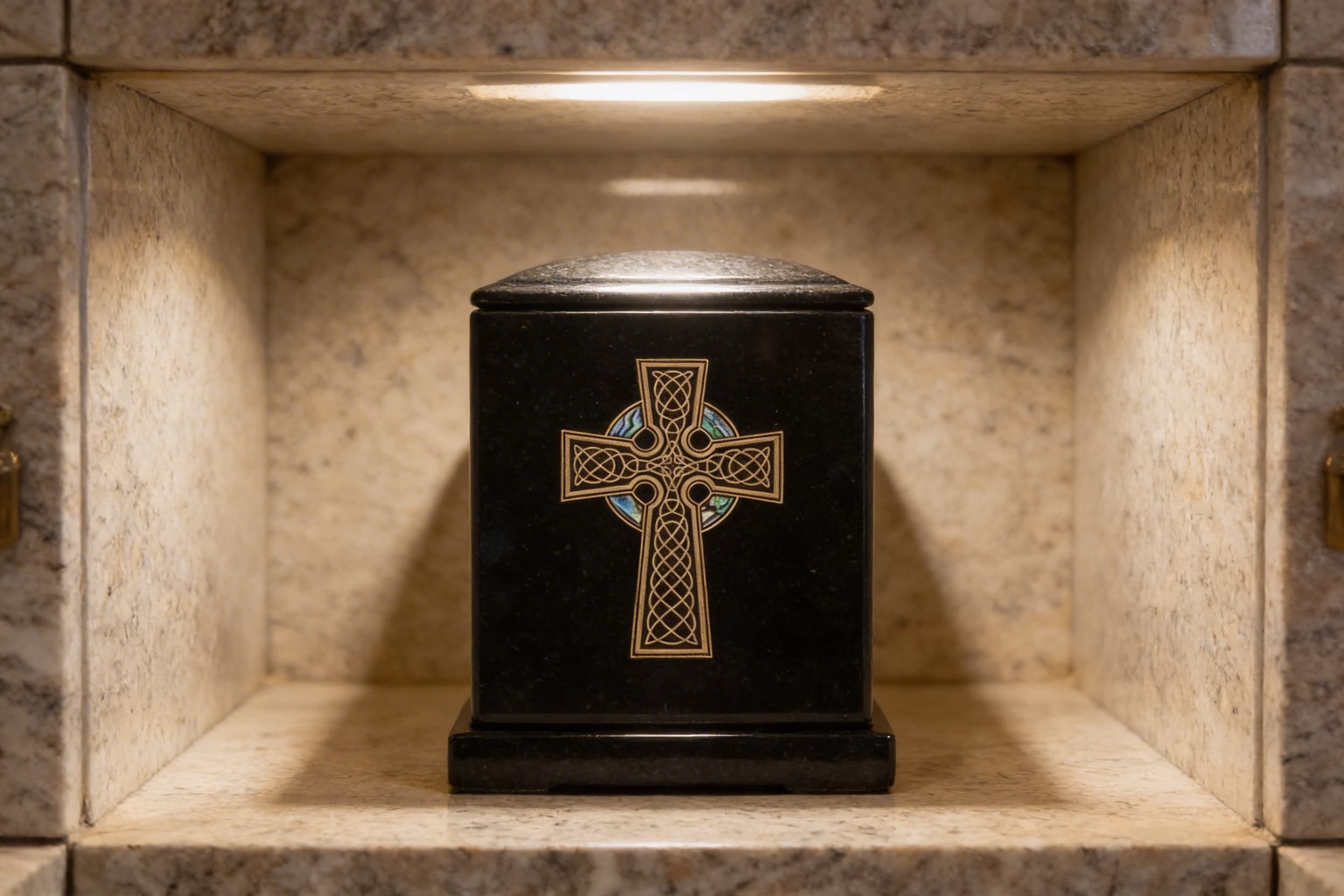 A marble cremation urn with a carved cross on the front displayed in a columbarium niche with soft natural lighting