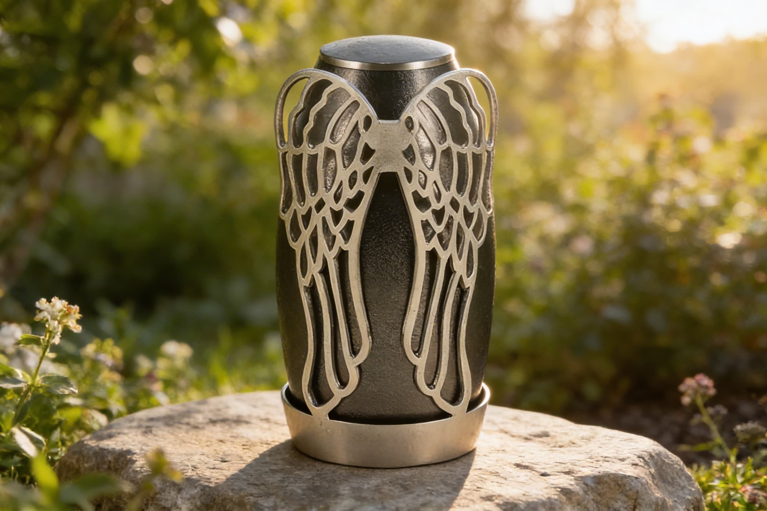 A butterfly urn outside on a rock in a beautiful garden.