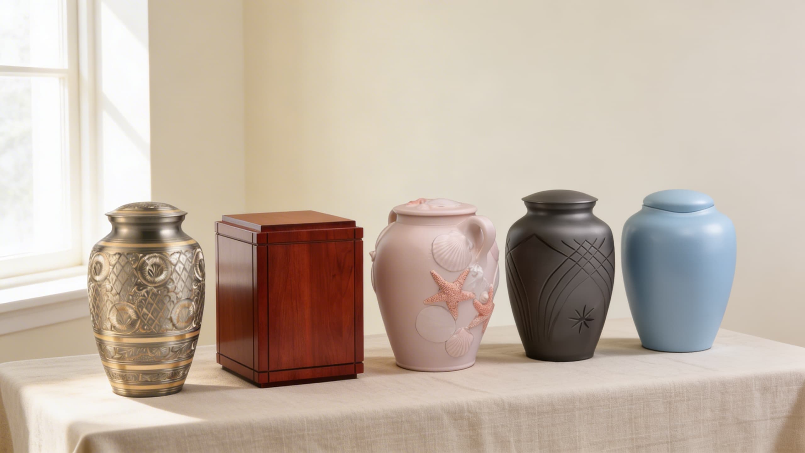 Five cremation urns in different materials displayed in a row, including an engraved brass urn, a cherry wood box urn, a pink ceramic urn with sculpted seashells, a matte black ceramic urn with geometric patterns, and a light blue ceramic urn