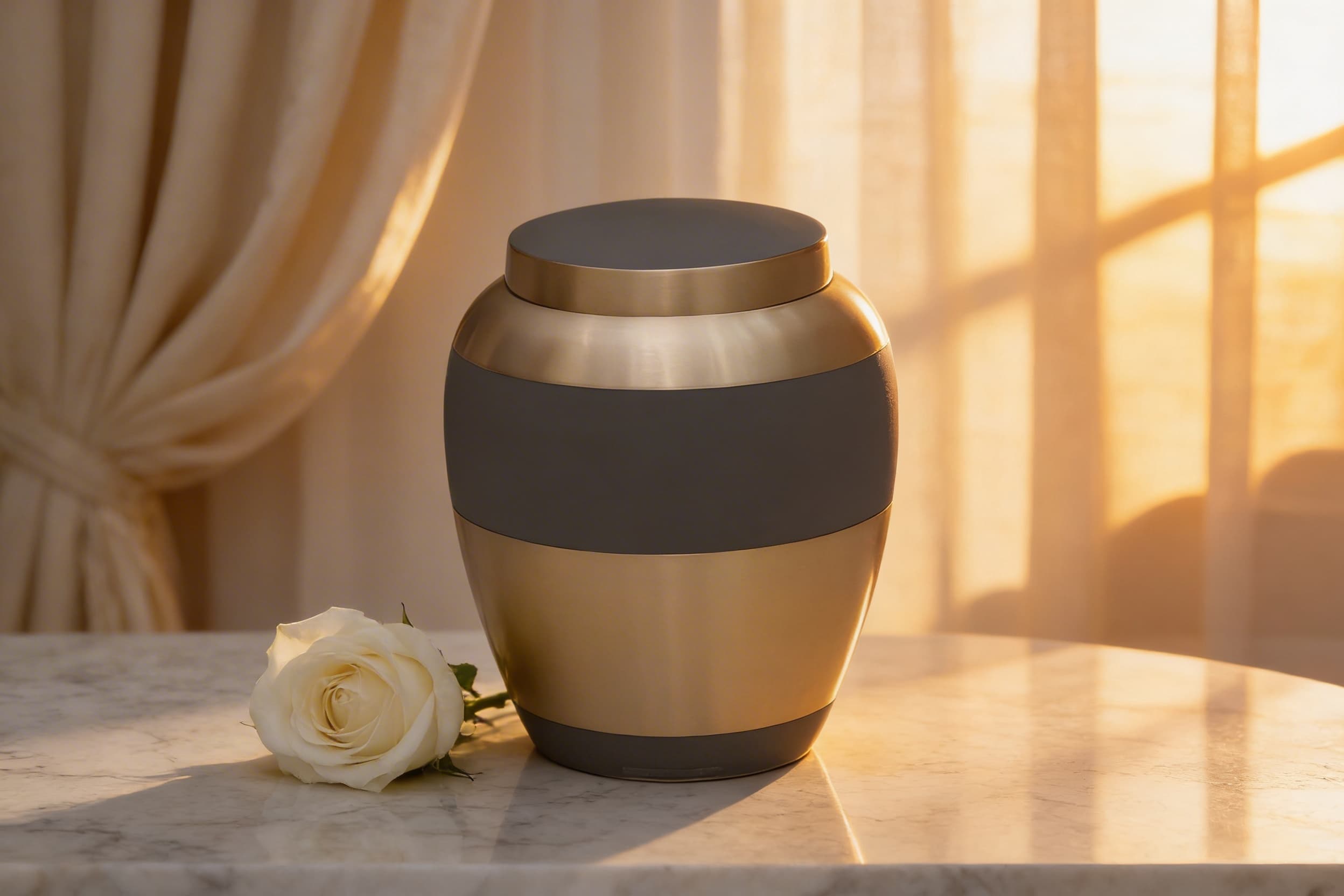 A brushed brass and pewter two-tone metal cremation urn with a threaded lid displayed on a marble table beside a single white rose in warm golden light