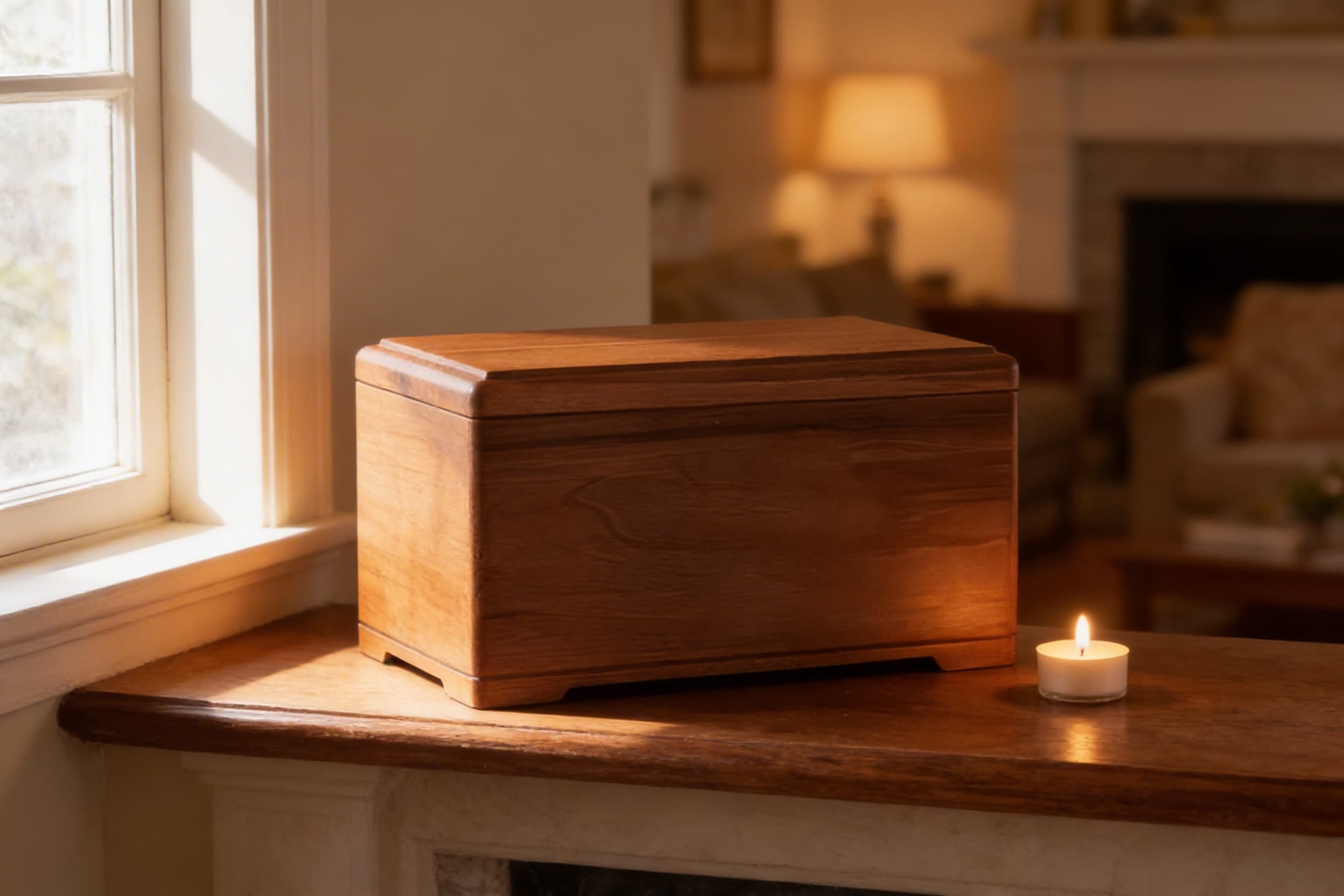 A solid walnut wood box cremation urn with a beveled lid displayed on a wooden mantel beside a lit tealight candle in a sunlit living room