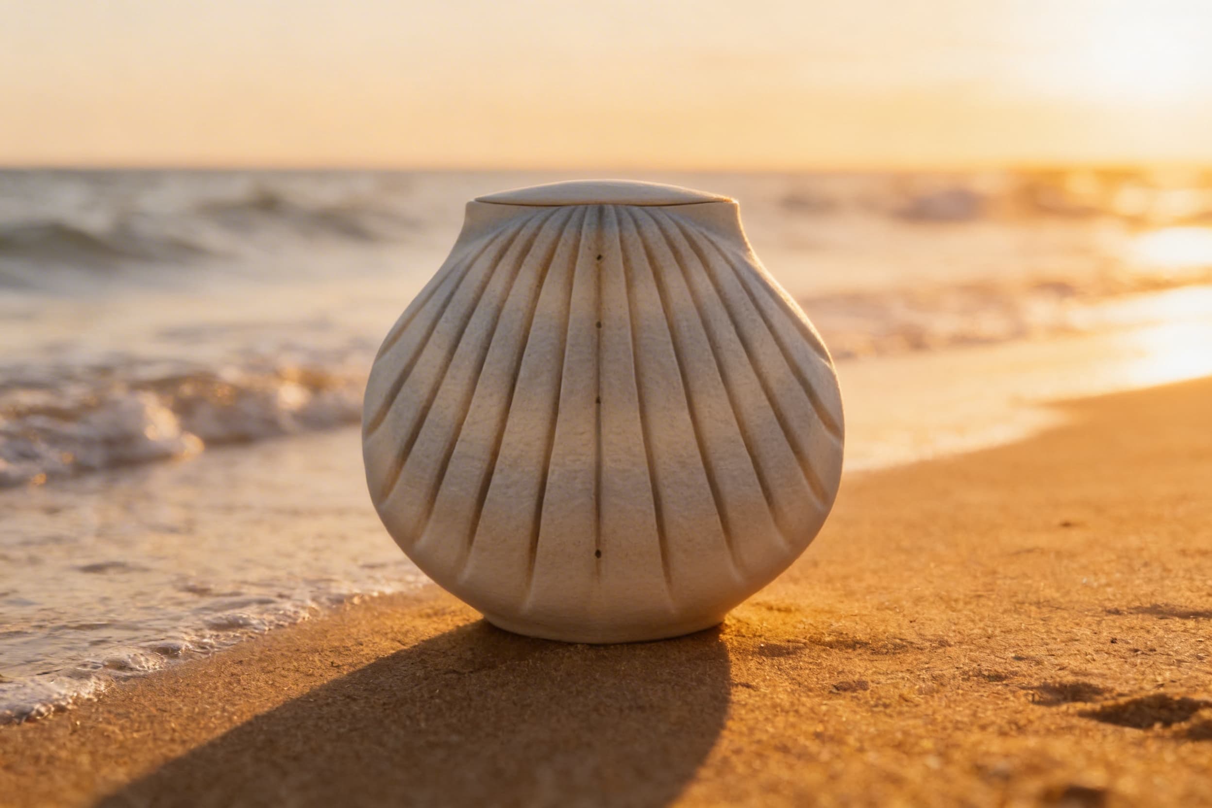 A whitish blue sand biodegradable cremation urn in a shell shape resting on a sandy beach at sunset with gentle waves in the background