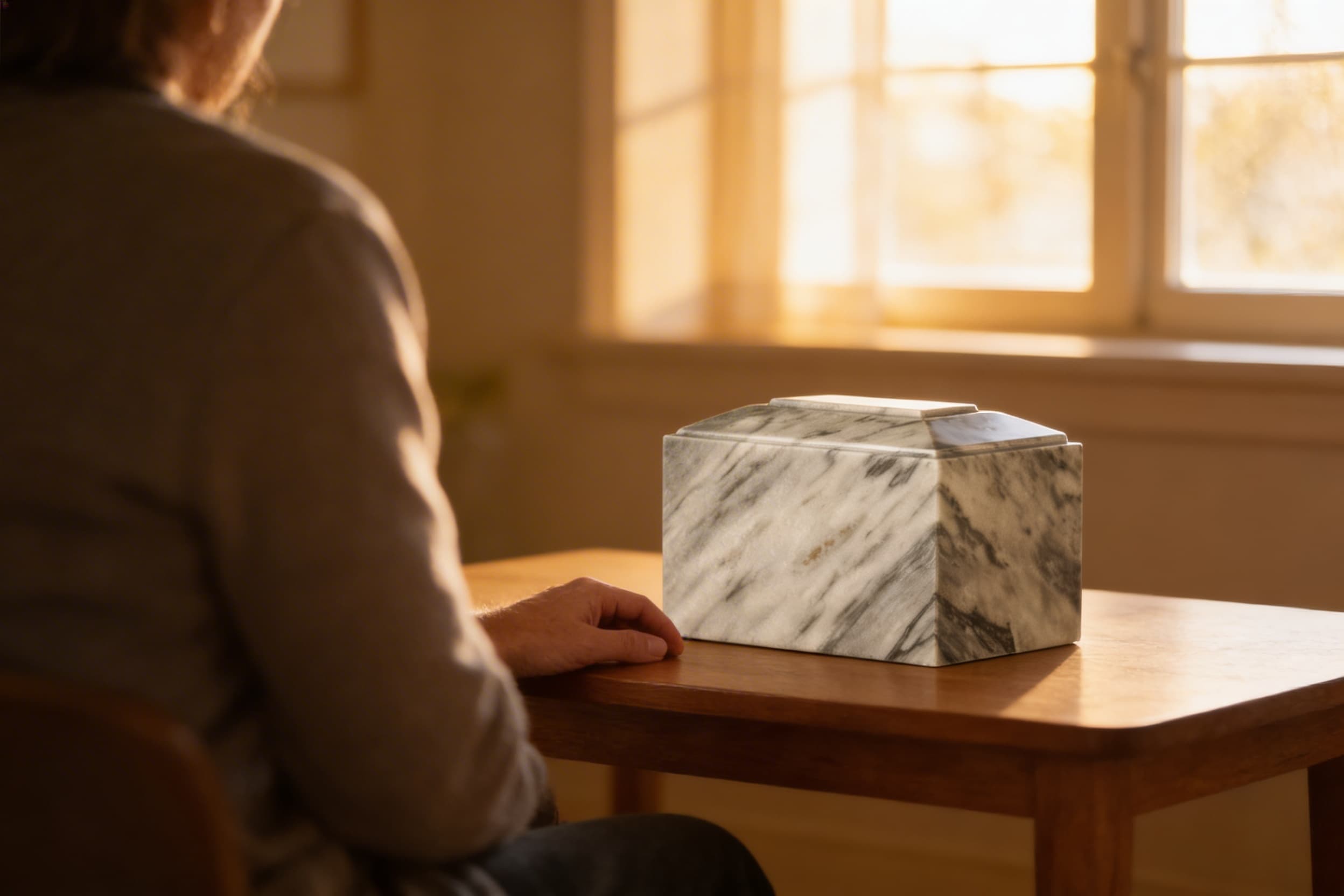 A person sitting beside a white Carrara marble box cremation urn on a wooden table, resting their hand near the urn in a quiet sunlit room