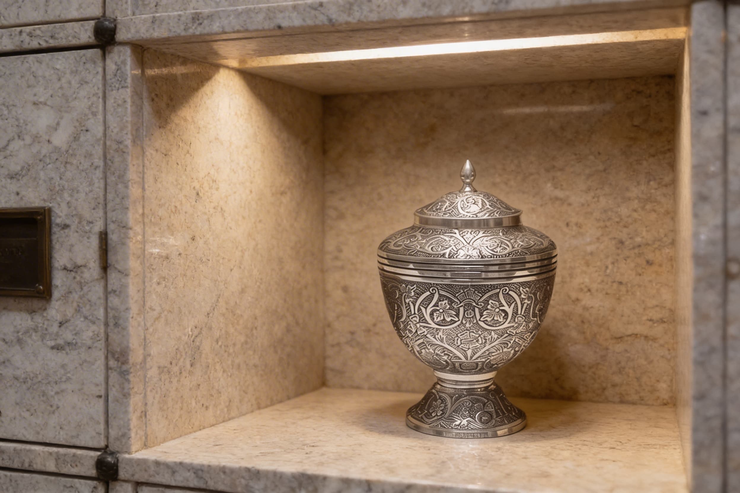 An ornately engraved silver metal cremation urn with a pointed finial lid displayed inside a lit granite columbarium niche