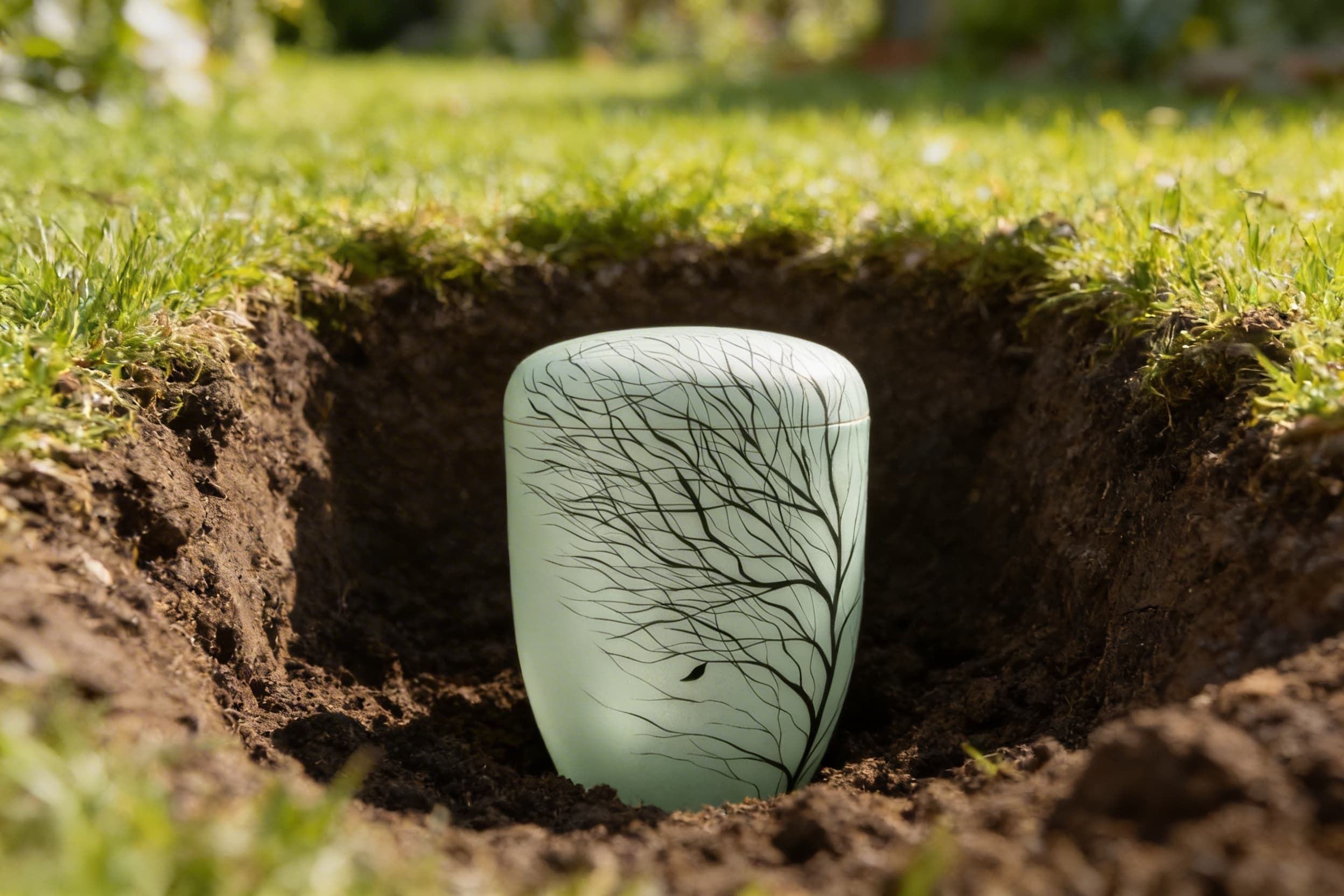 A mint green biodegradable cremation urn with a painted bare tree design being lowered into a freshly dug grave in a green cemetery